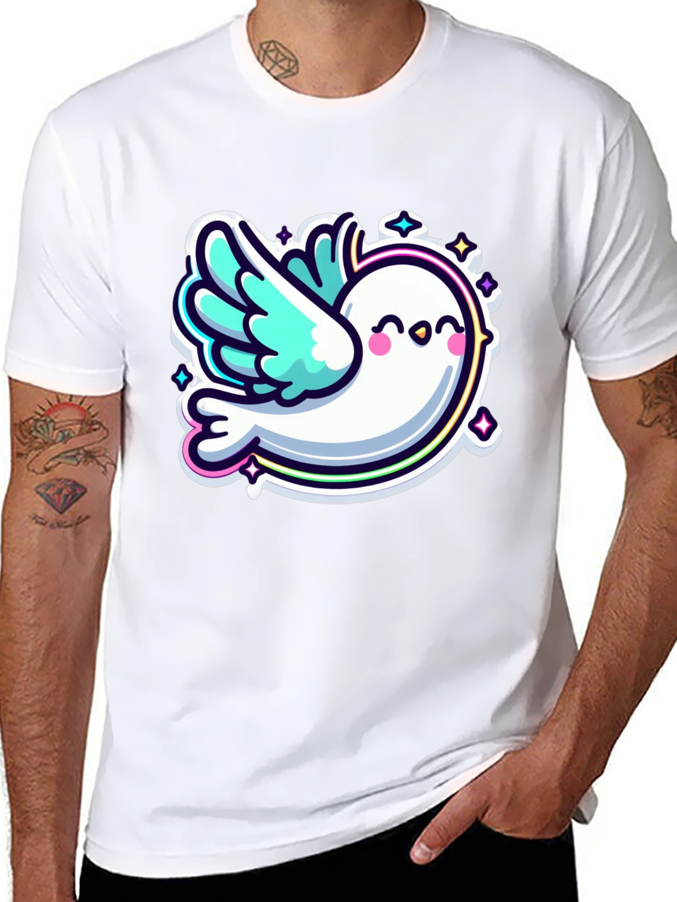 Black Cute Cartoon Dove Graphic Black T-Shirt view 8