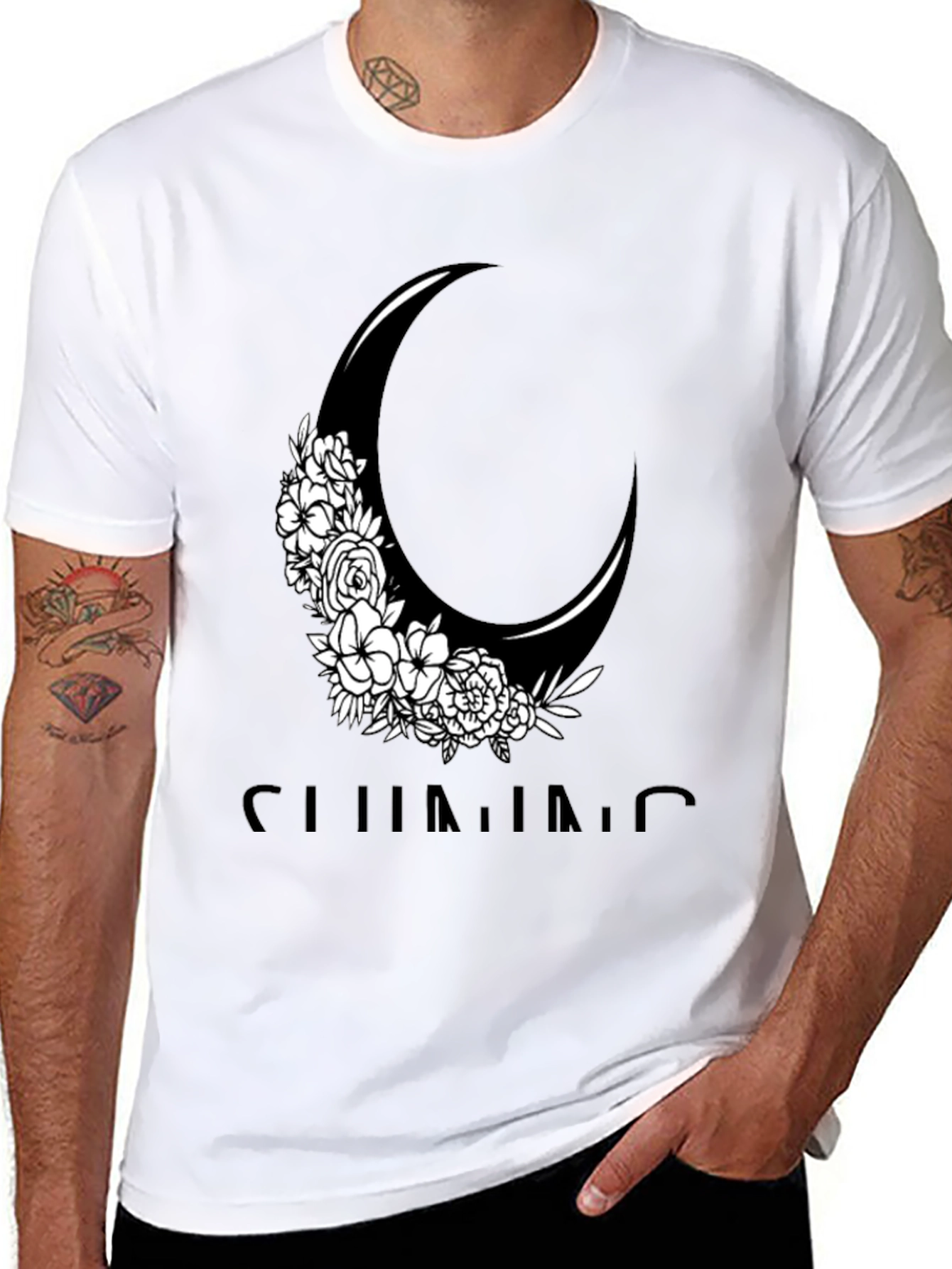 Black Floral Crescent Moon Graphic Tee - Black Cotton Casual Shirt view 8