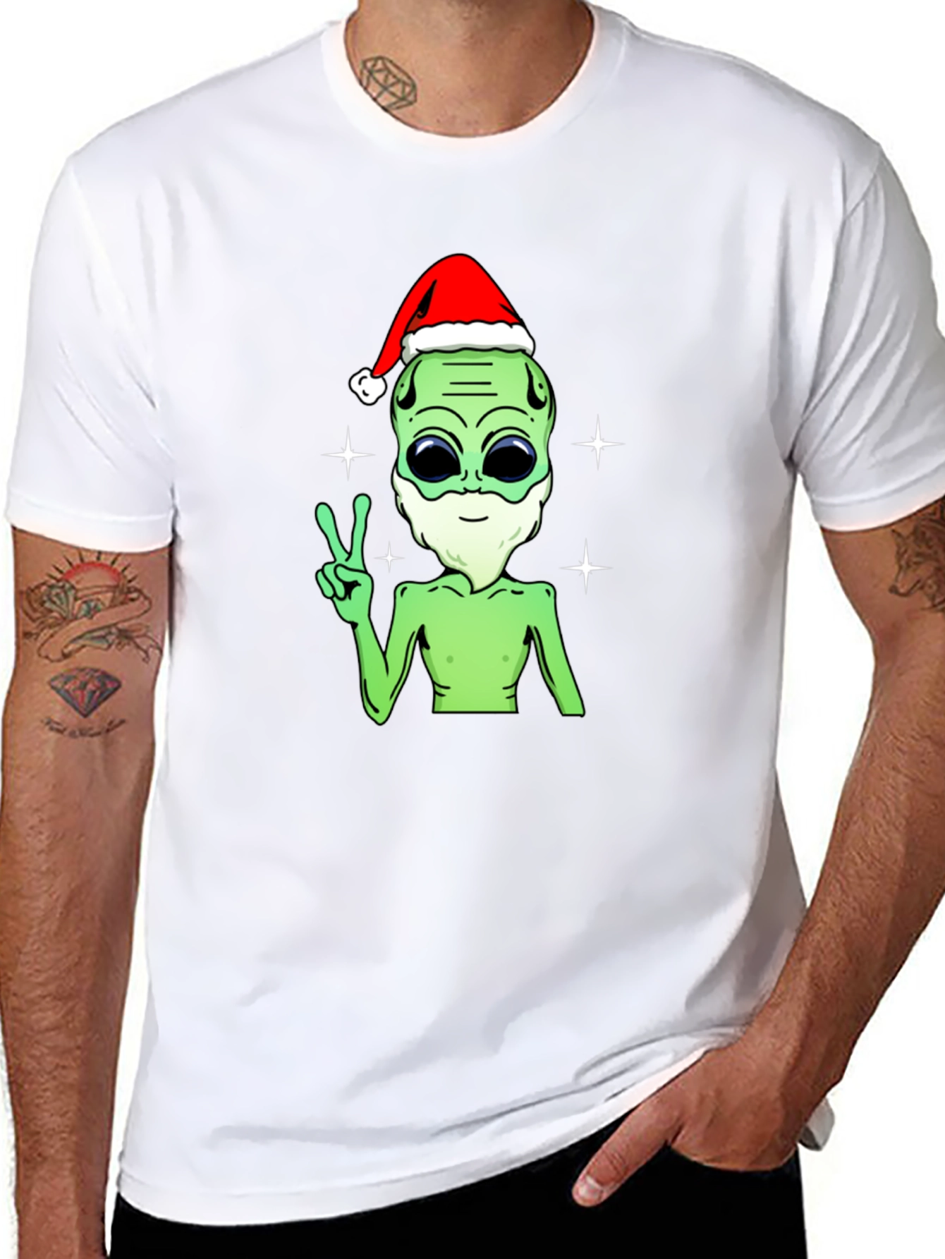 Black Festive Alien T-Shirt - Peace, Love, and Holiday Cheer! view 8