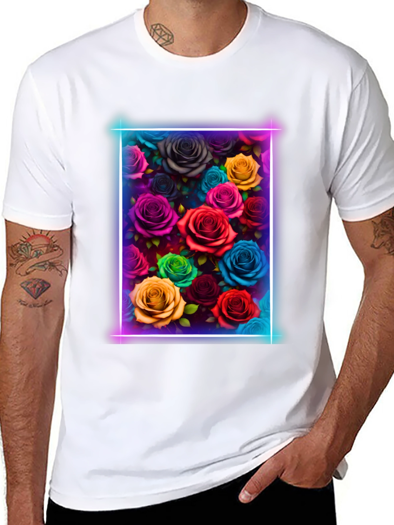 Black Neon Roses Graphic Tee - Vibrant Floral Design view 8