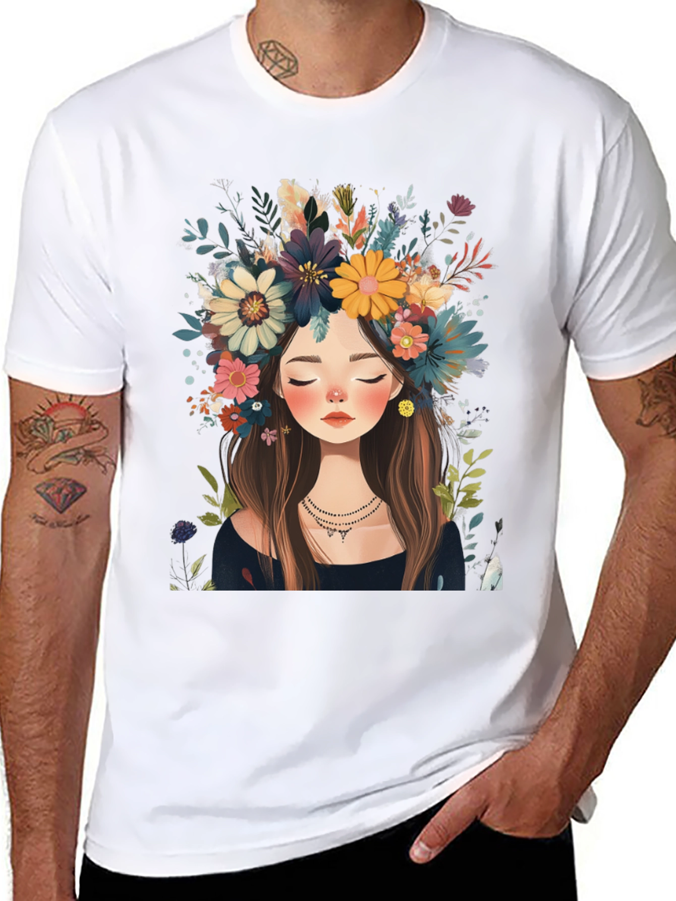 Black Floral Crown Girl Black T-Shirt view 8