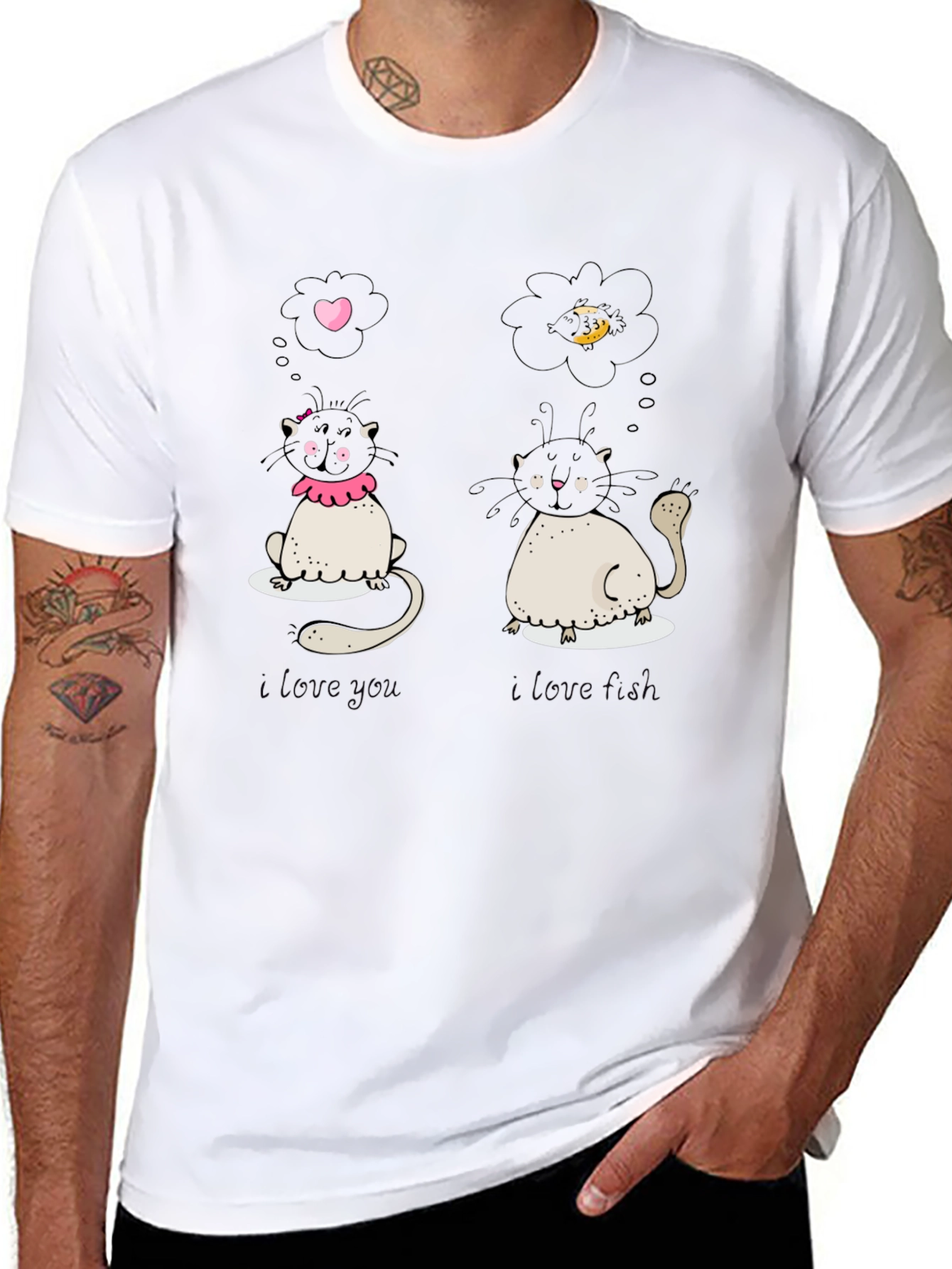 Black Cute Cat Love and Food Graphic Black T-Shirt view 8