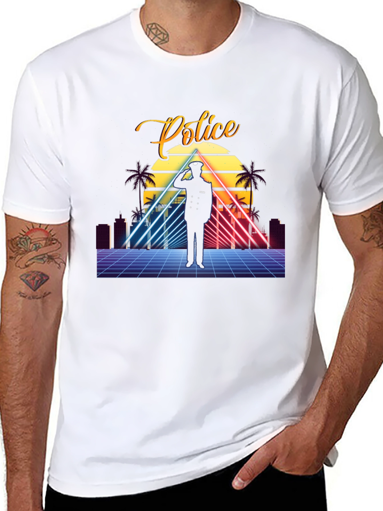 Black Retro Police Graphic T-Shirt - Synthwave Design view 8