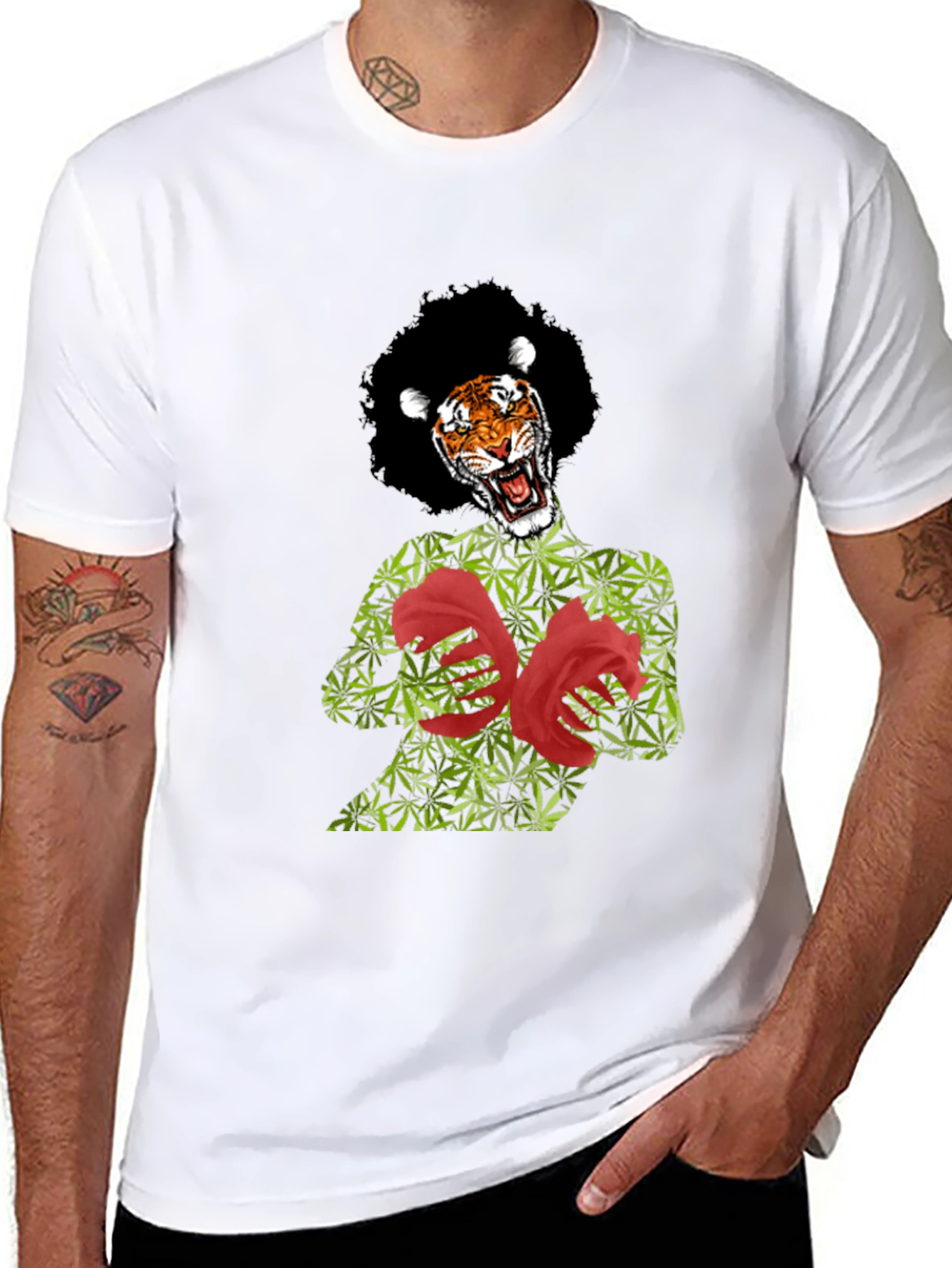 Black Tiger Pot Leaf & Rose Graphic T-Shirt view 8