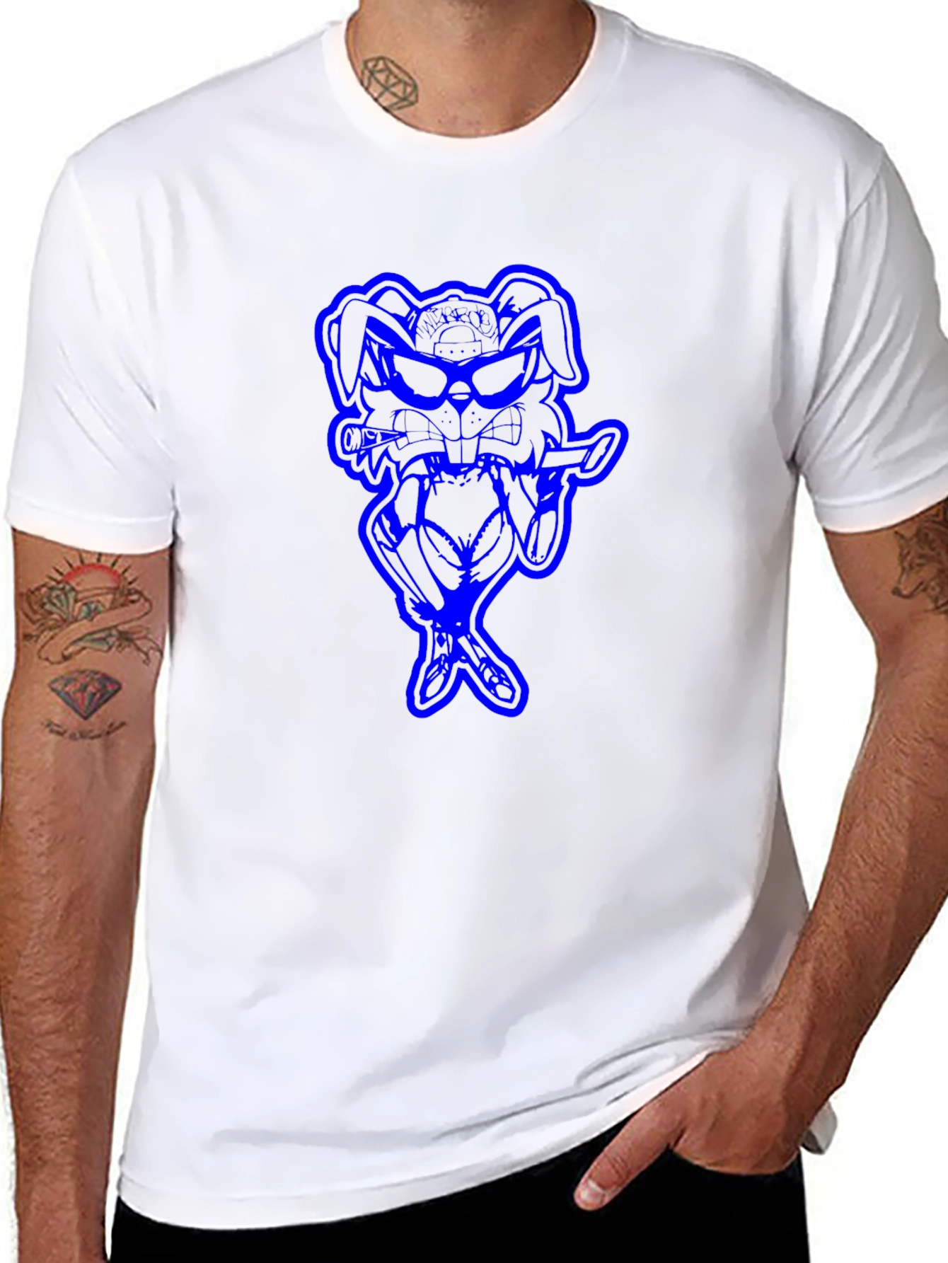 Black Cool Blue Bunny Graphic Black T-Shirt view 8