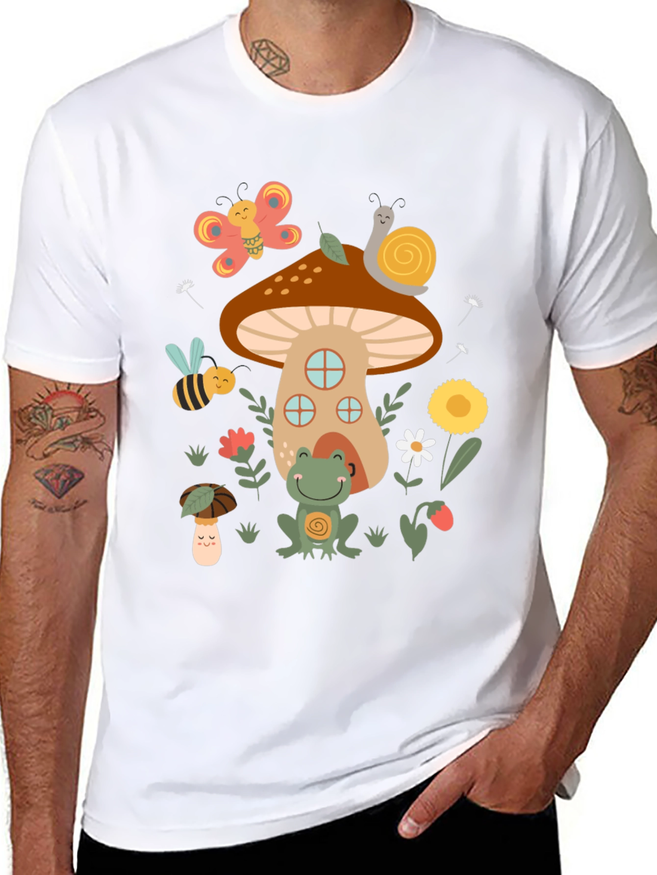 Black Cute Mushroom House Graphic T-Shirt view 8