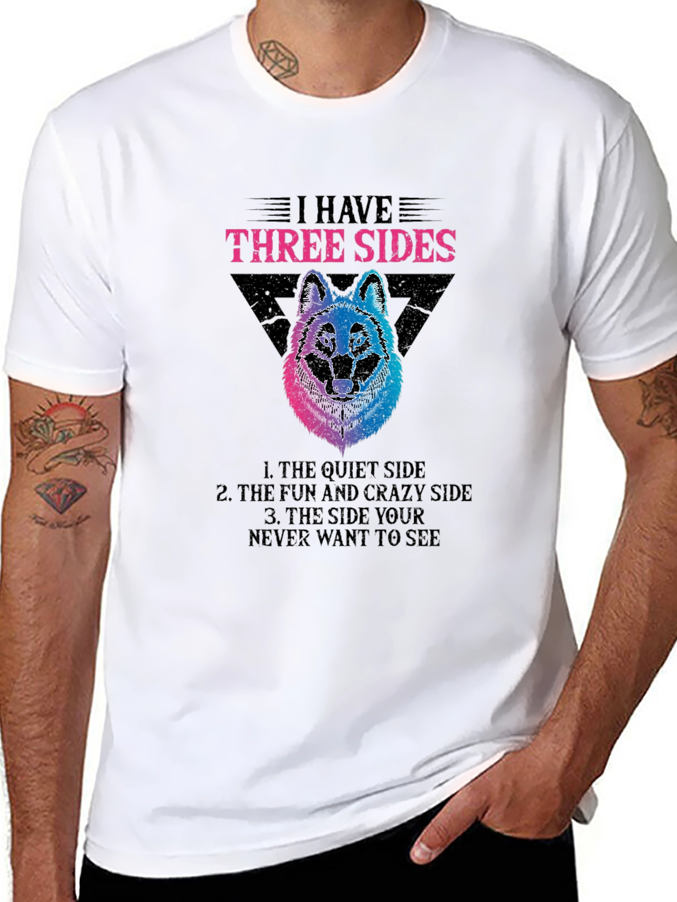 Black I Have Three Sides Wolf Graphic T-Shirt view 8