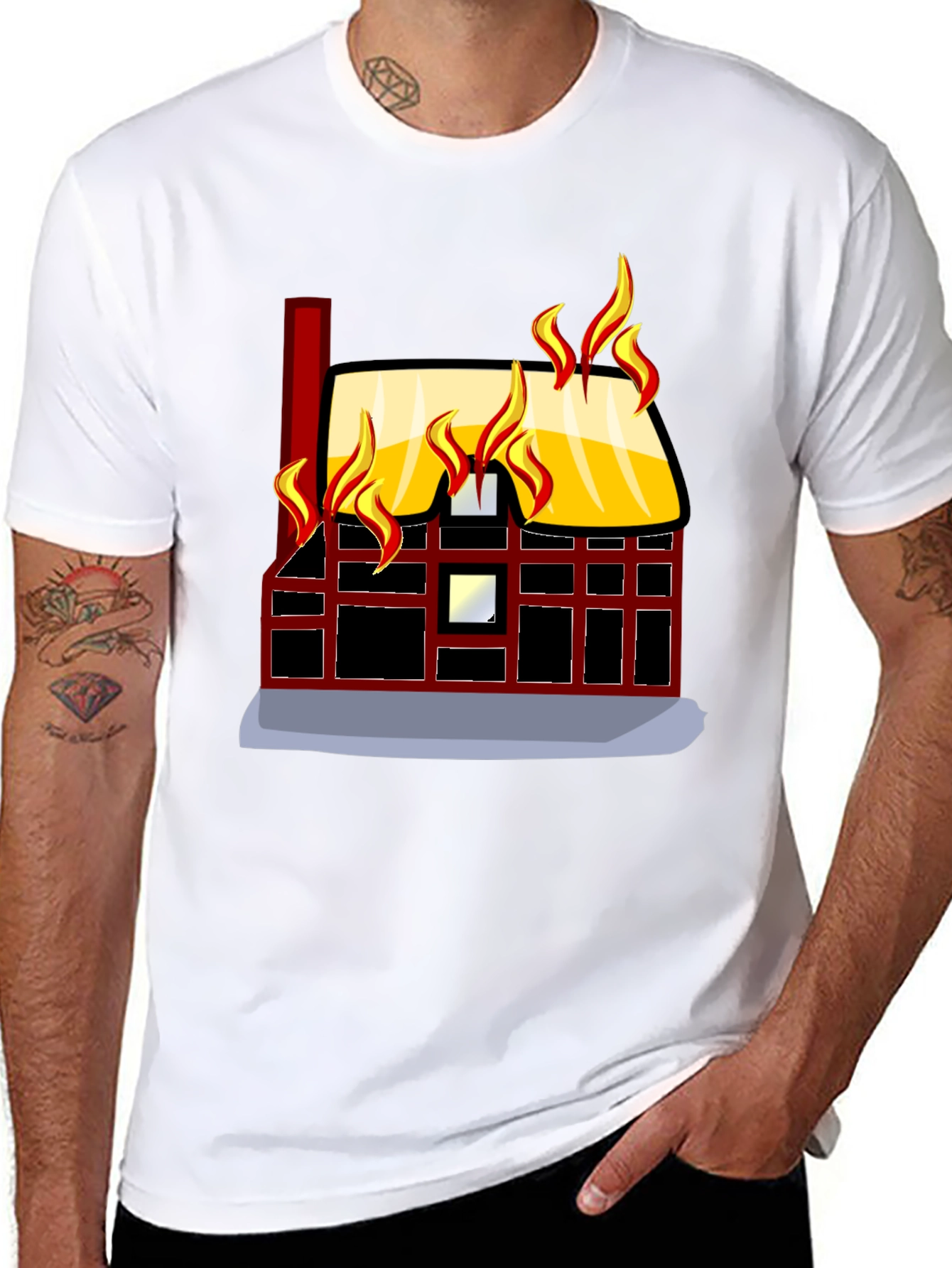 Black Burning House Graphic Tee - Bold Black T-Shirt view 8