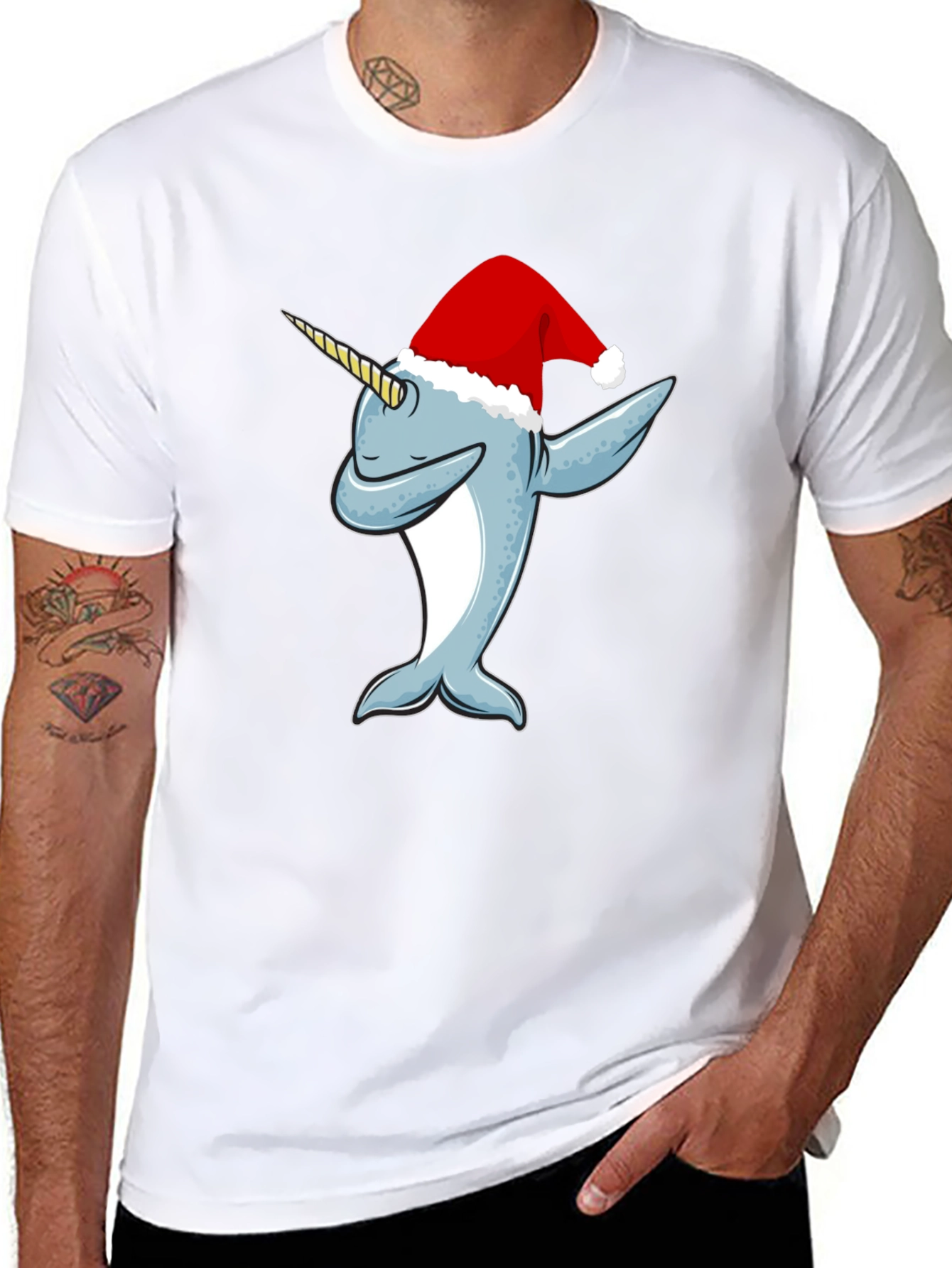Black Dabbing Narwhal Christmas T-Shirt view 8