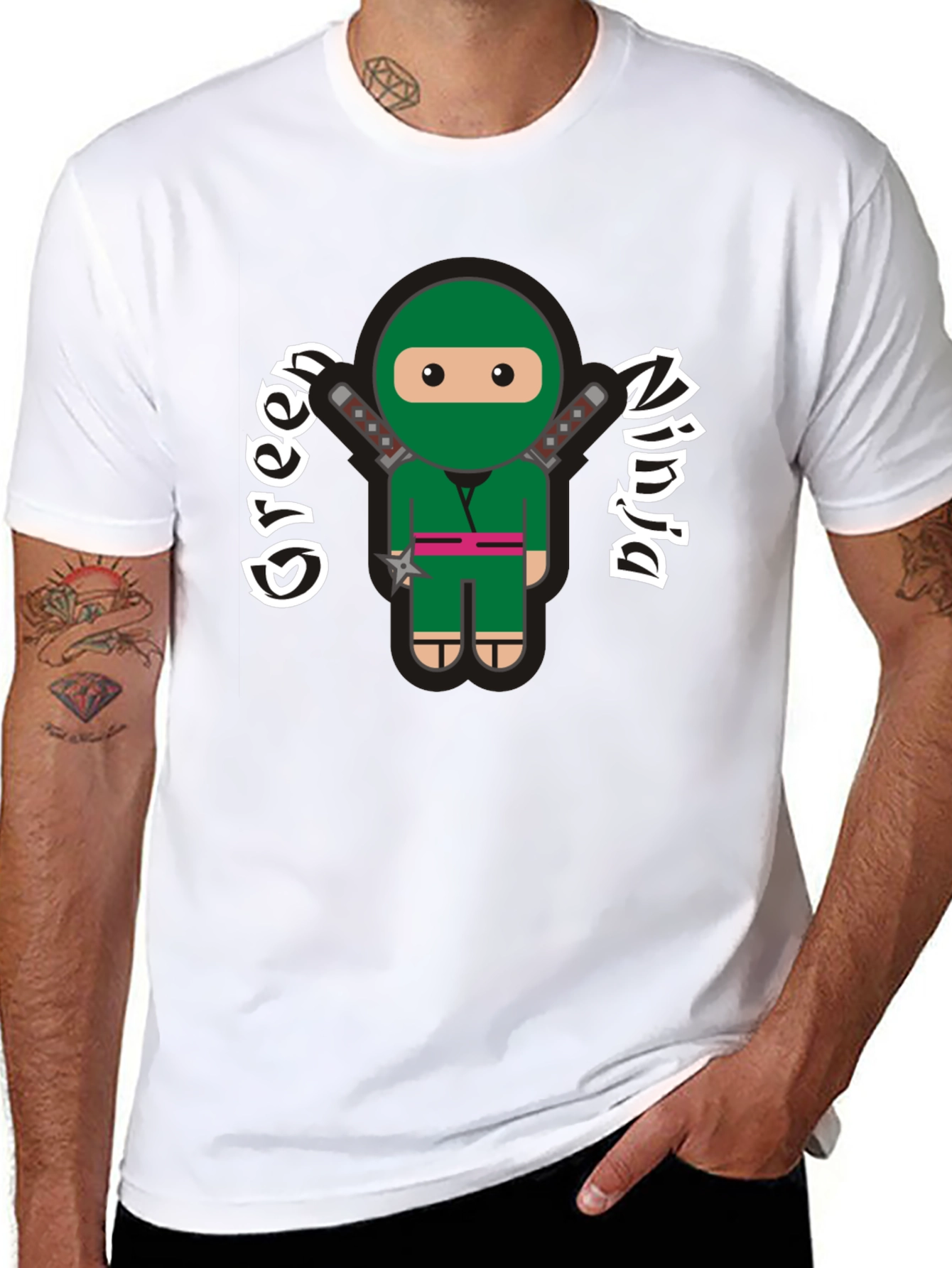 Black Green Ninja Cartoon Graphic T-Shirt view 8