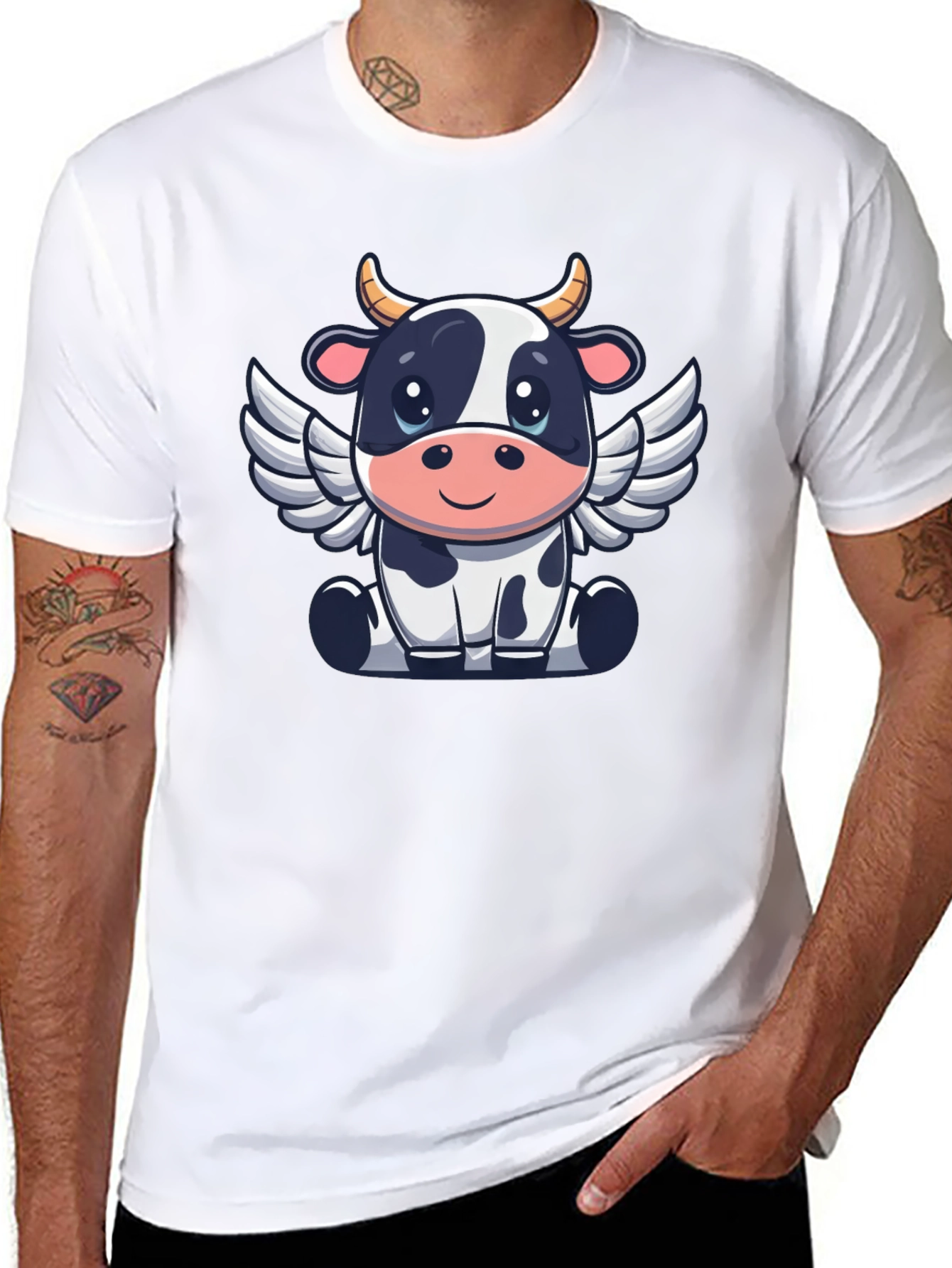 Black Cow Angel Graphic Tee - Black Cotton T-Shirt view 8