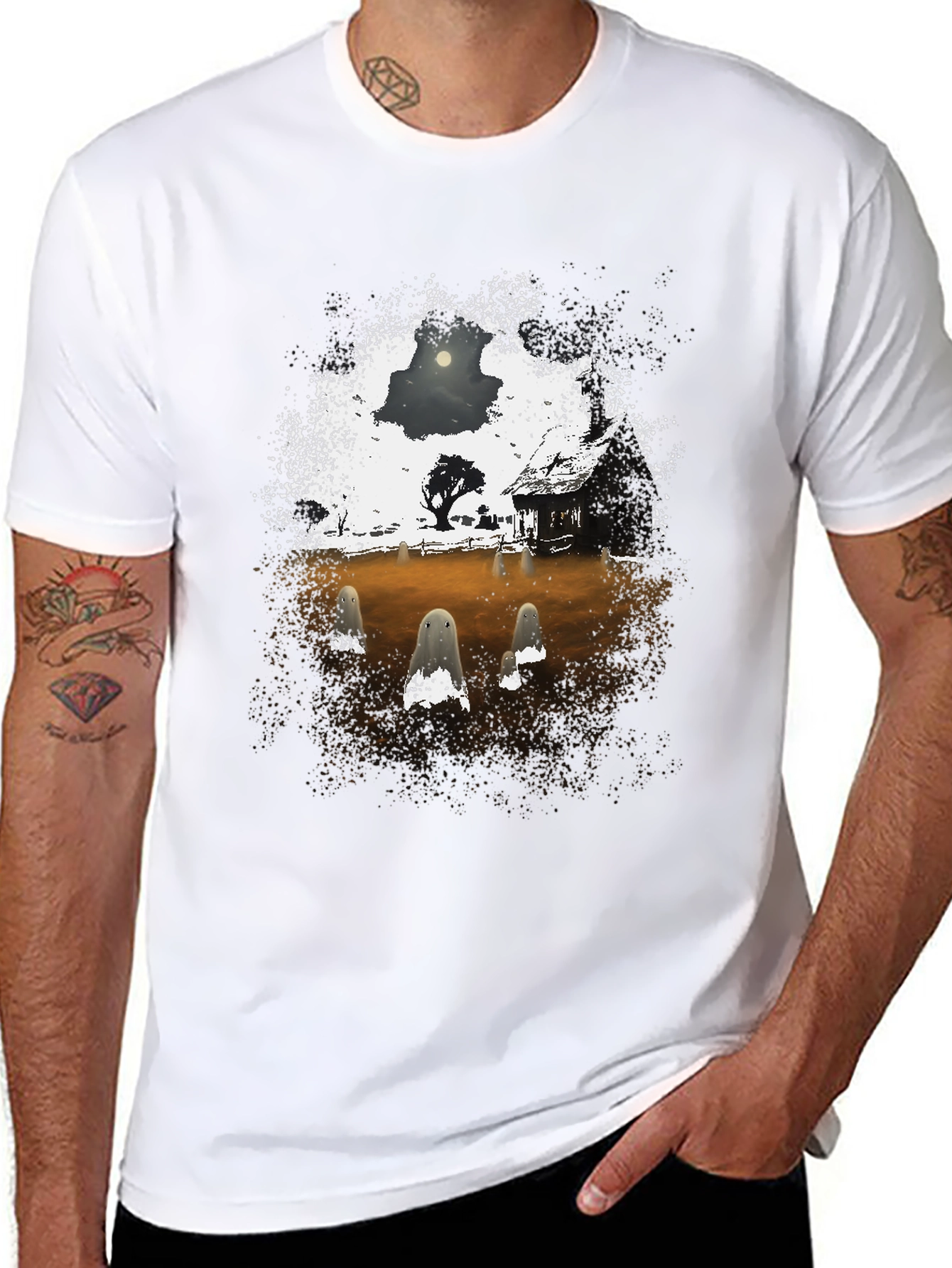 Black Spooky Ghost Scene Graphic T-Shirt view 8