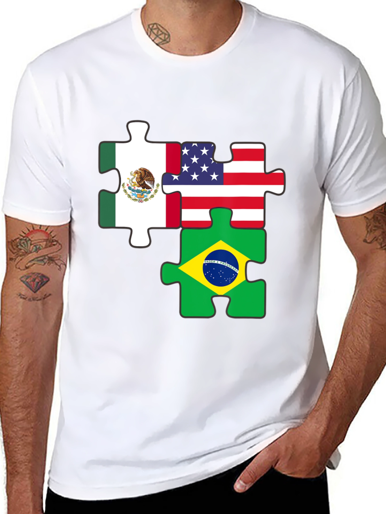 Flags Puzzle T-Shirt - Mexico, USA, Brazil - 8