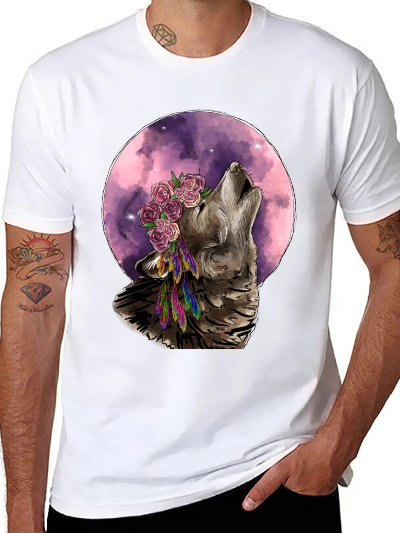 Black Wolf Moon Flower Crown T-Shirt - Nature Inspired Graphic Tee view 8