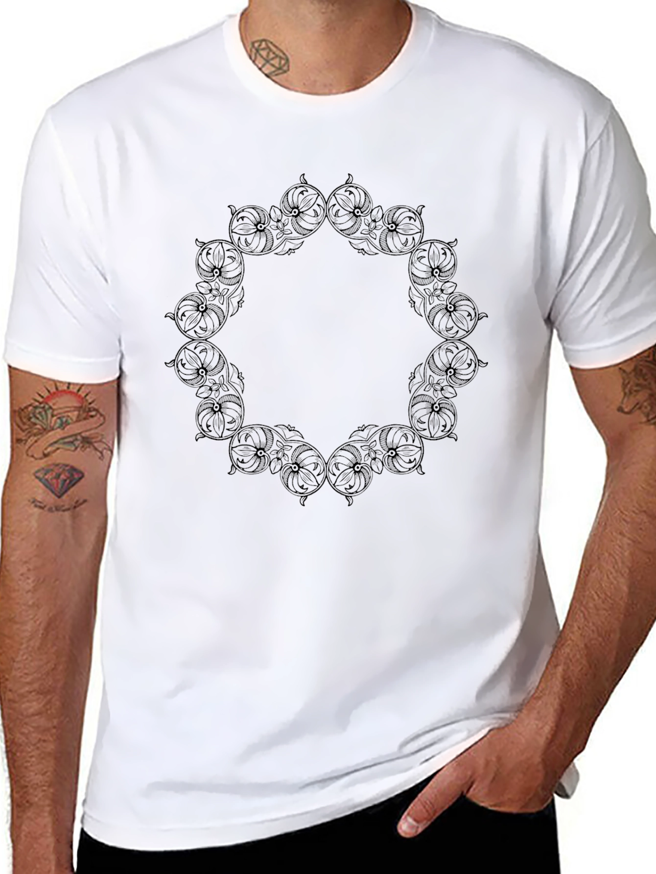 Black Black Graphic Tee - Ornate Circle Design view 8