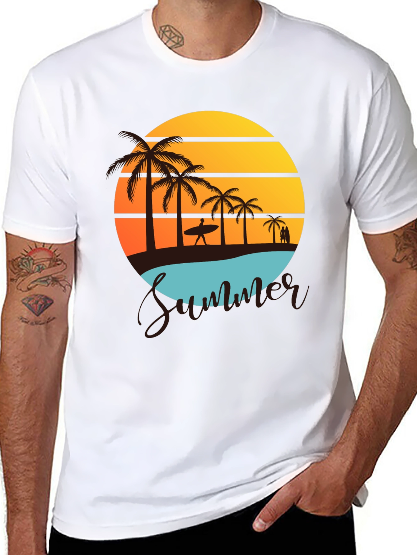 Black Summer Beach Graphic Tee - Palm Trees & Sunset view 8