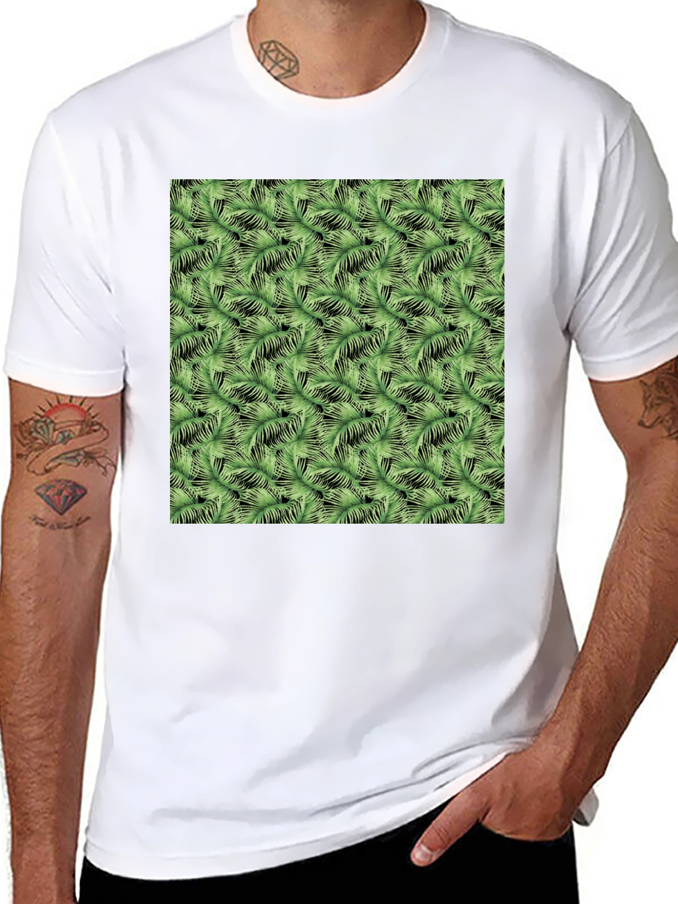 Black Tropical Green Leaf Print Black T-Shirt view 8