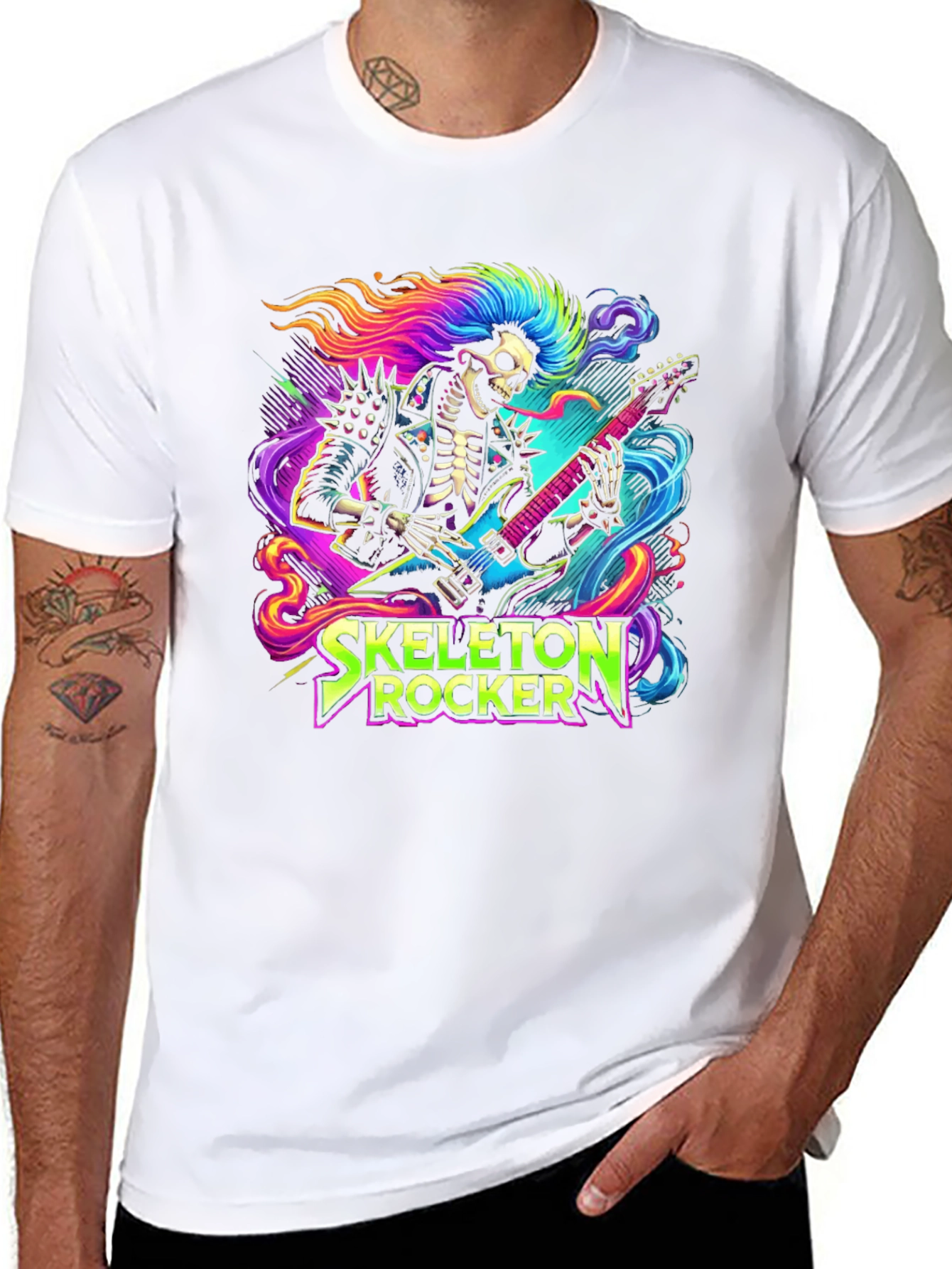 Black Skeleton Rocker T-Shirt - Neon Punk Design view 8