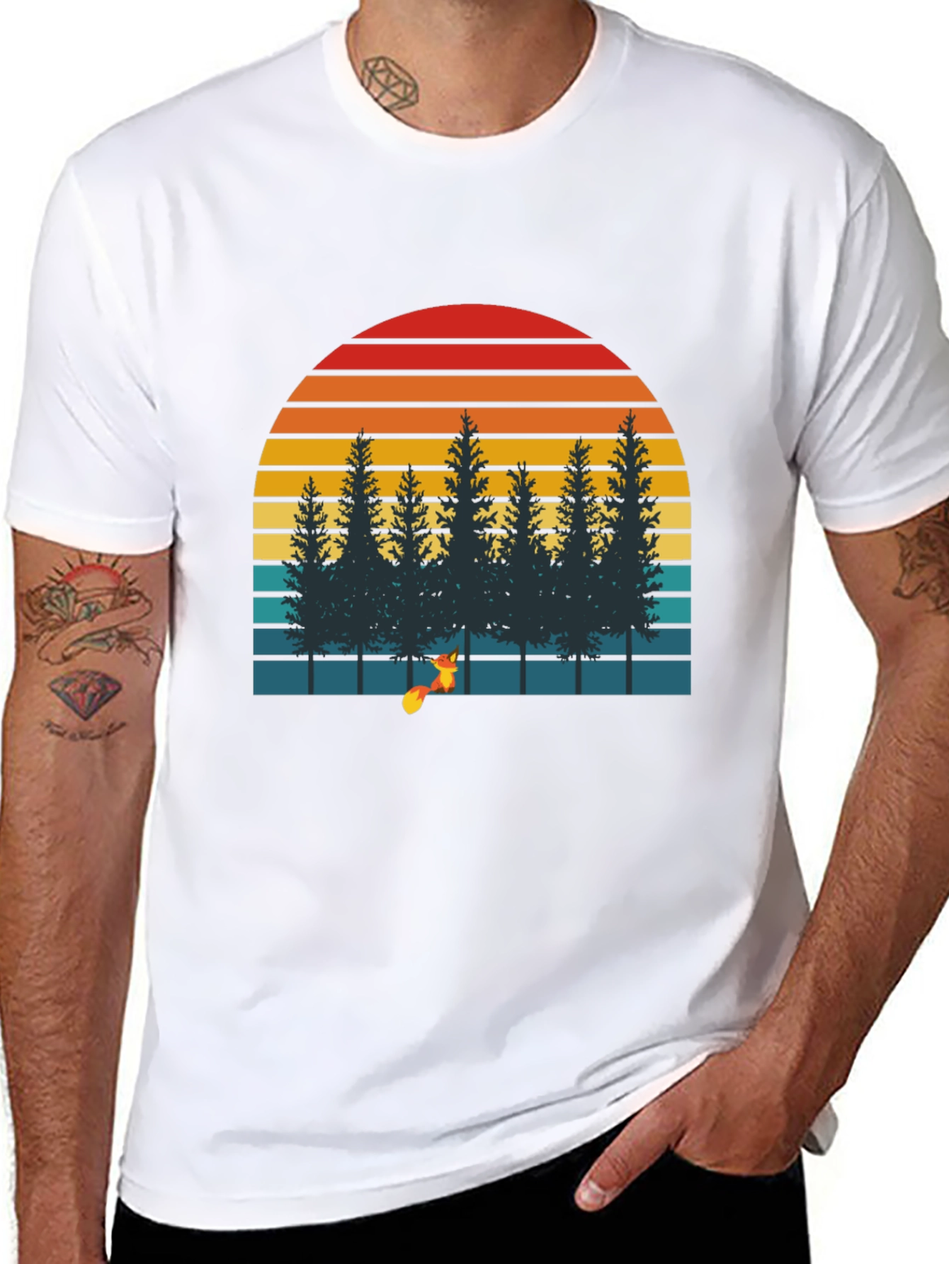 Black Retro Sunset Forest Fox Graphic T-Shirt view 8