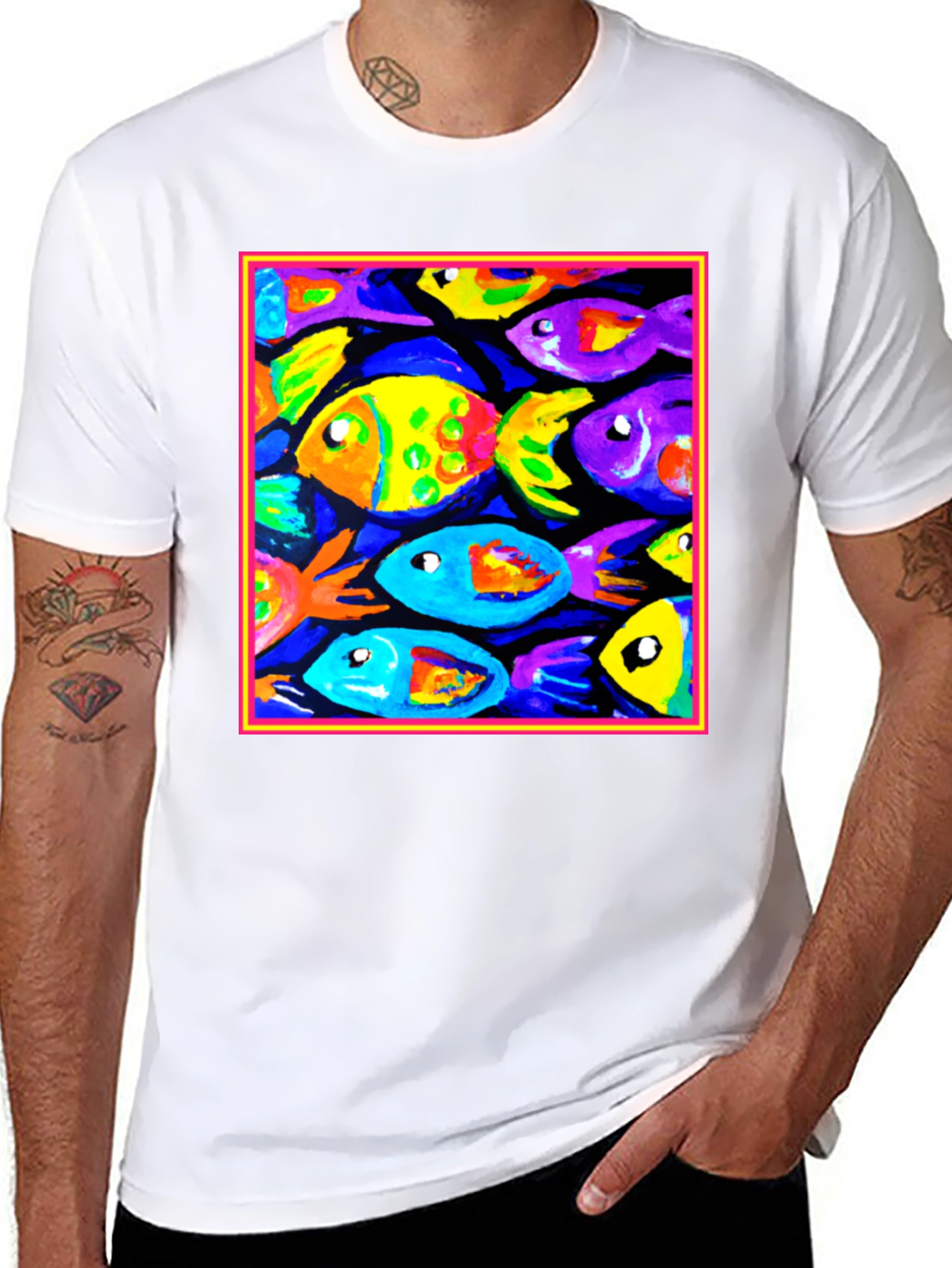 Black Colorful Fish Art Graphic T-Shirt view 8