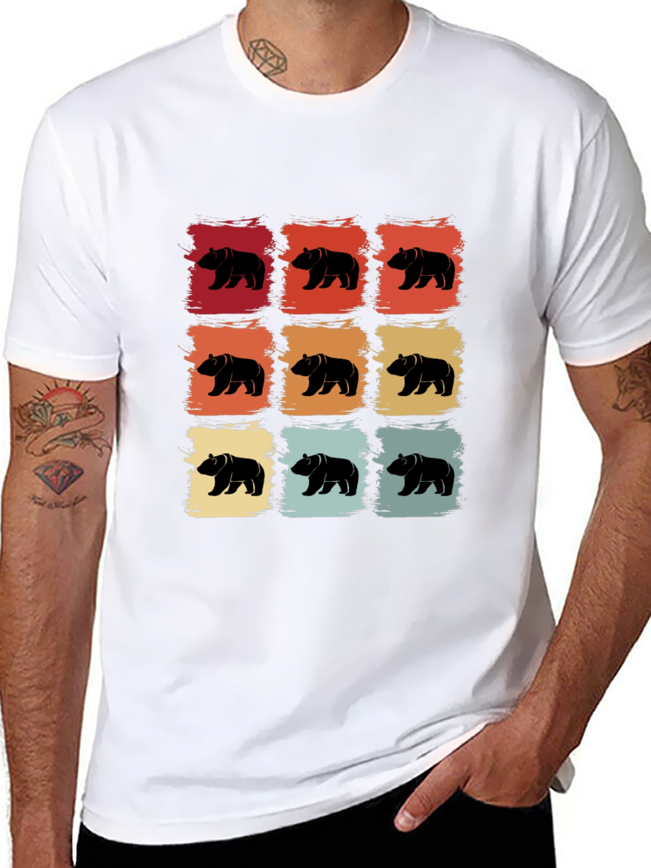 Black Retro Bear Pattern T-Shirt - Cool Graphic Tee view 8