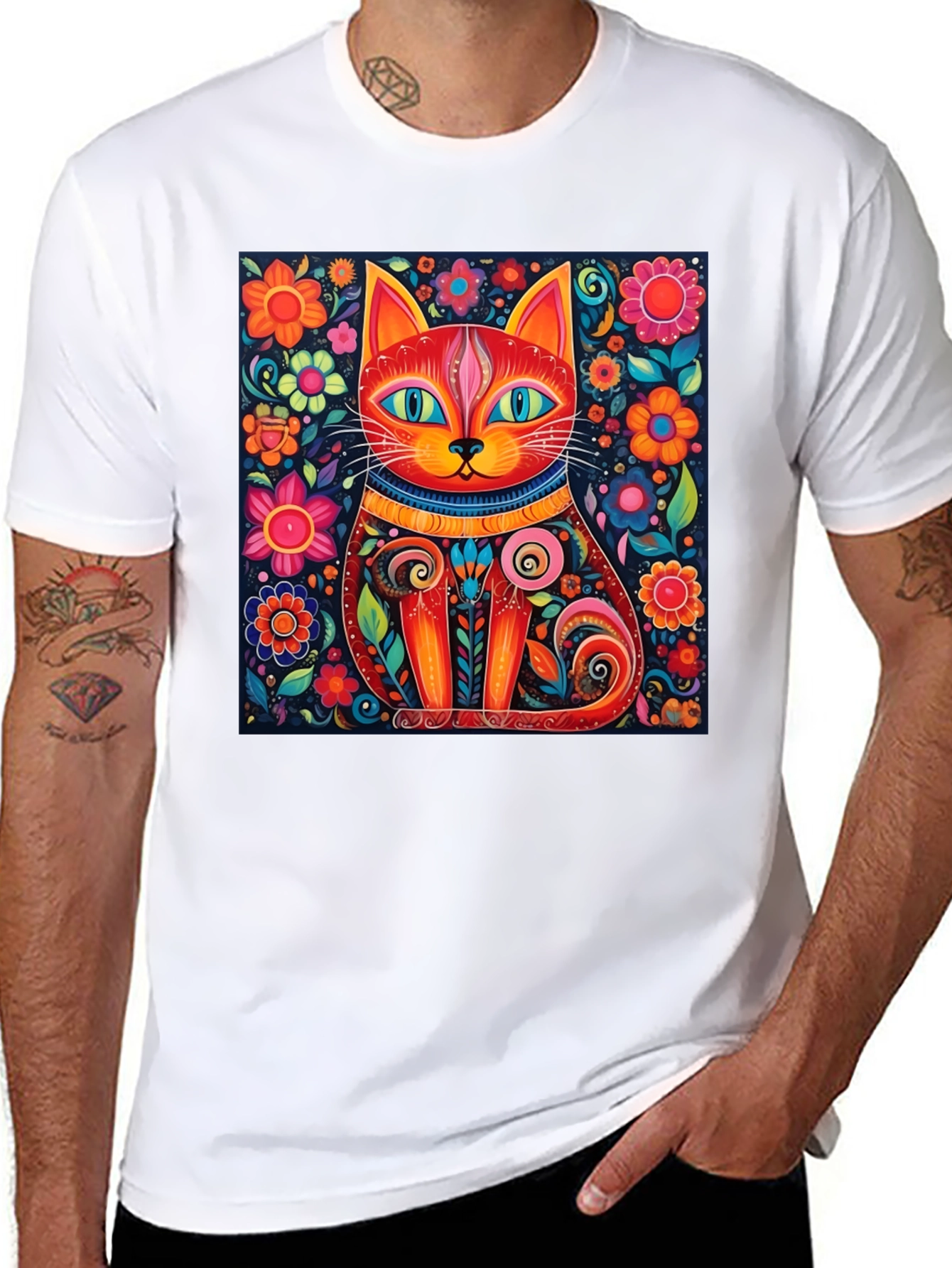 Black Colorful Cat Art T-Shirt - Whimsical Floral Feline Design view 8