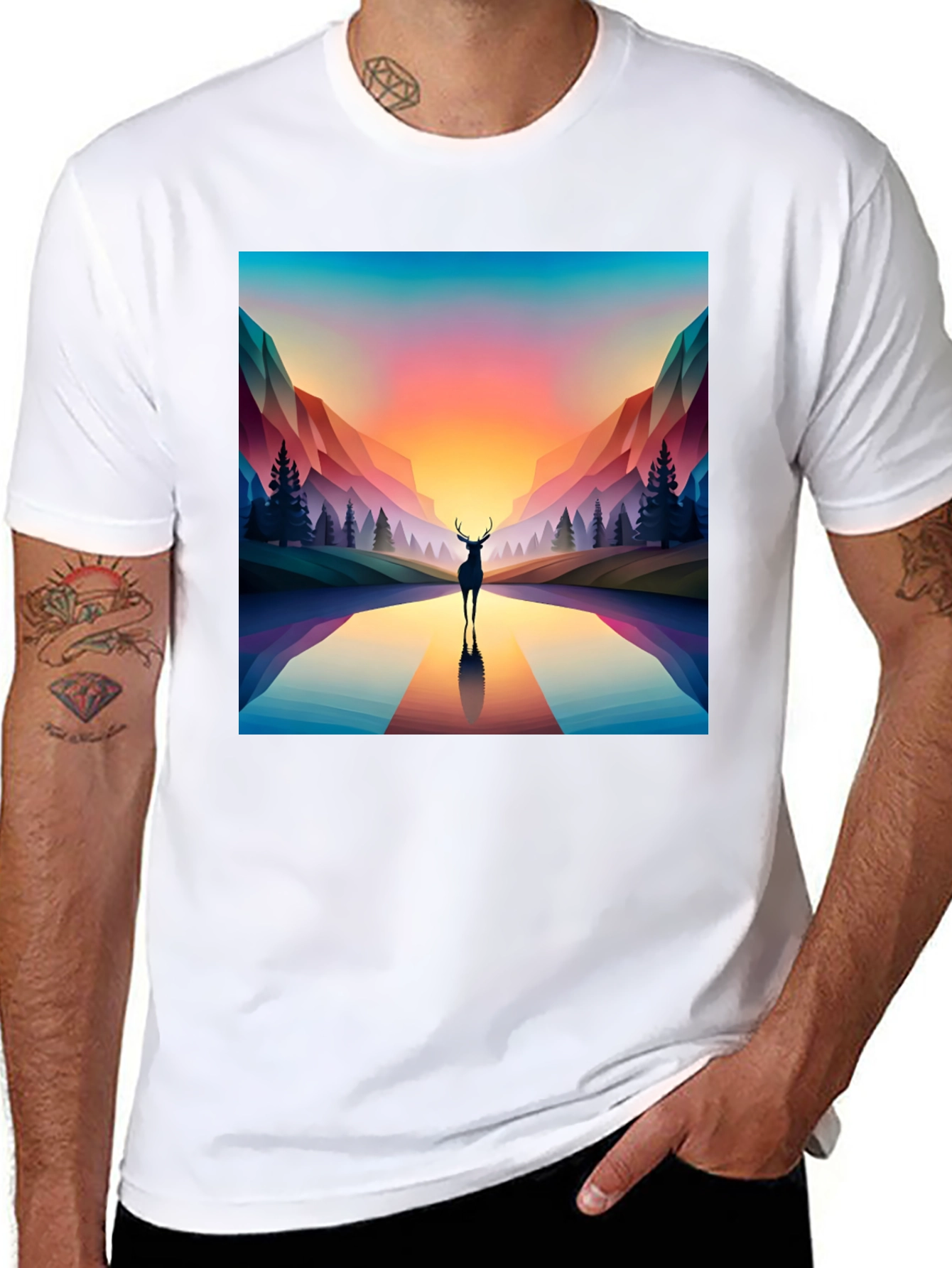 Black Deer Silhouette Geometric Graphic Tee - Black view 8