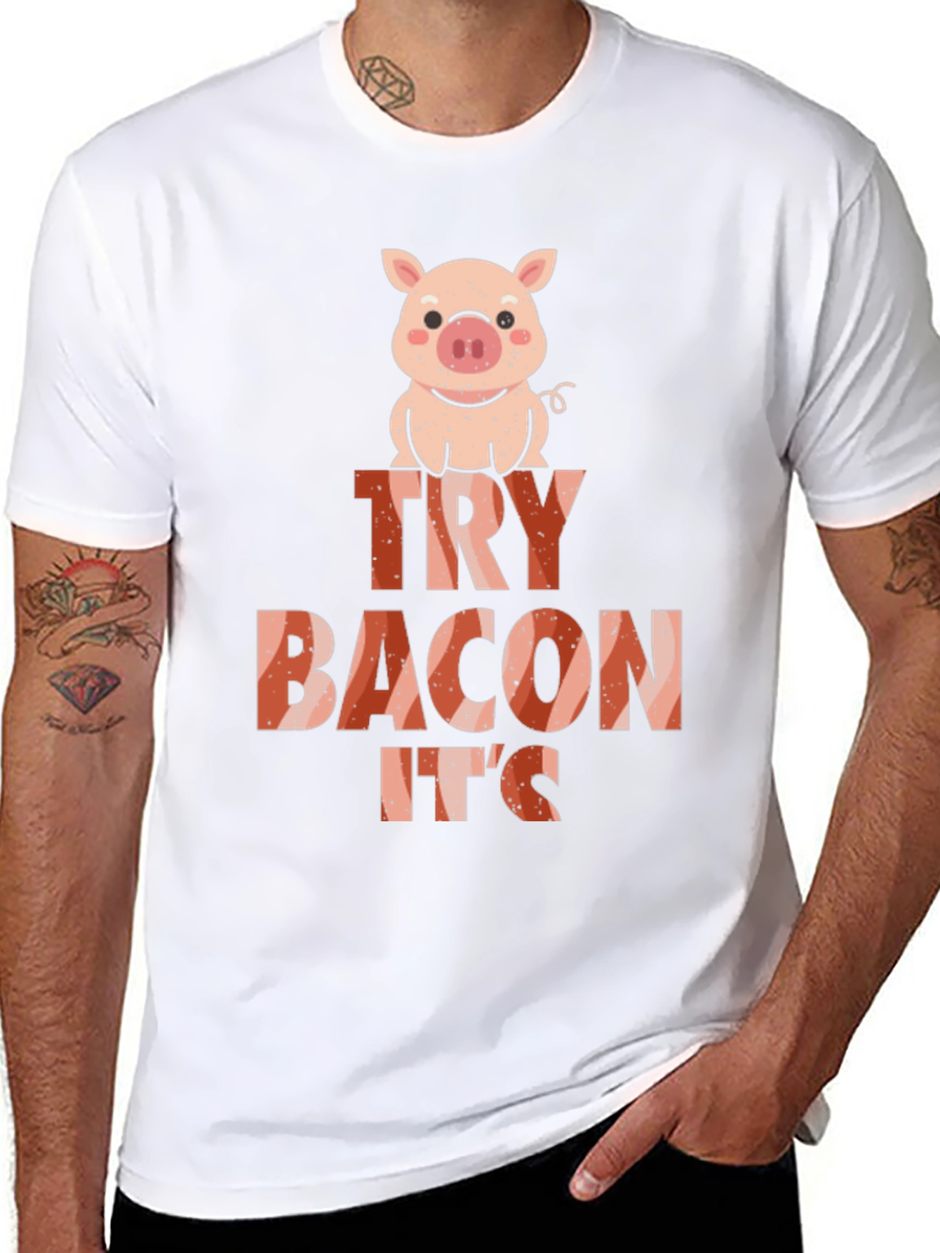 Black Funny Try Bacon It's Pig Black T-Shirt view 8