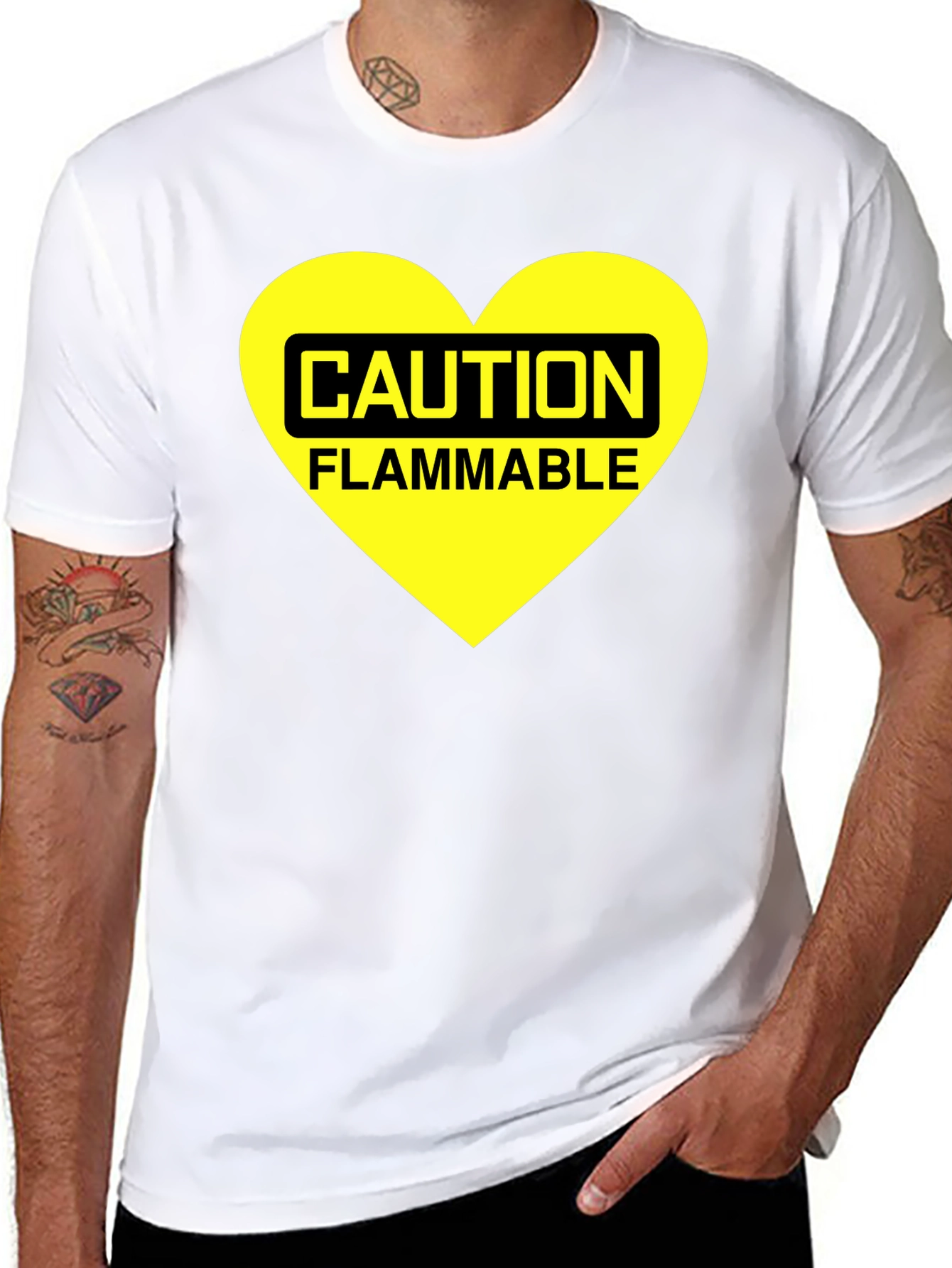 Black Caution Flammable Heart T-Shirt - Black Cotton Blend Tee view 8