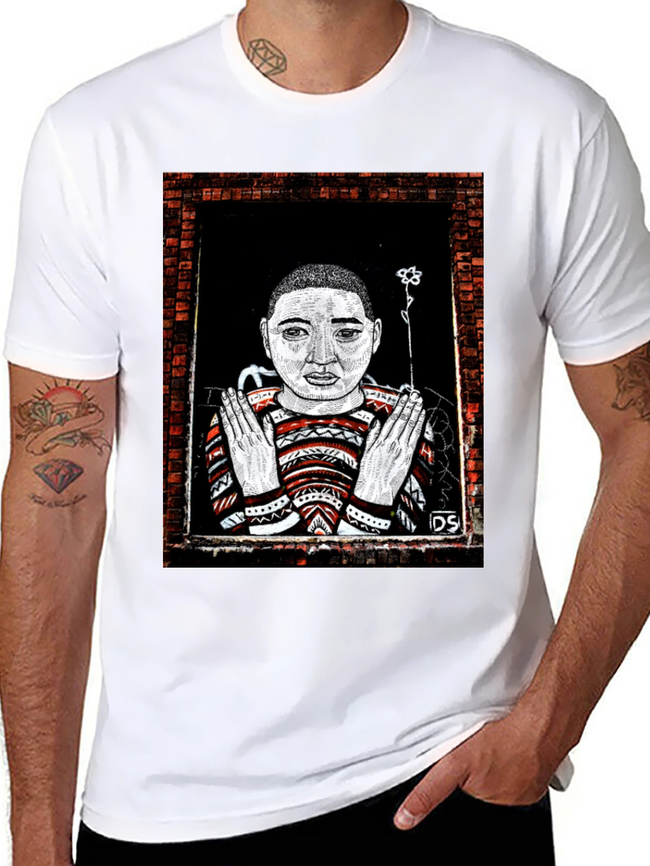 Black Unique Graphic Print Tee - Artistic Portrait Design view 8