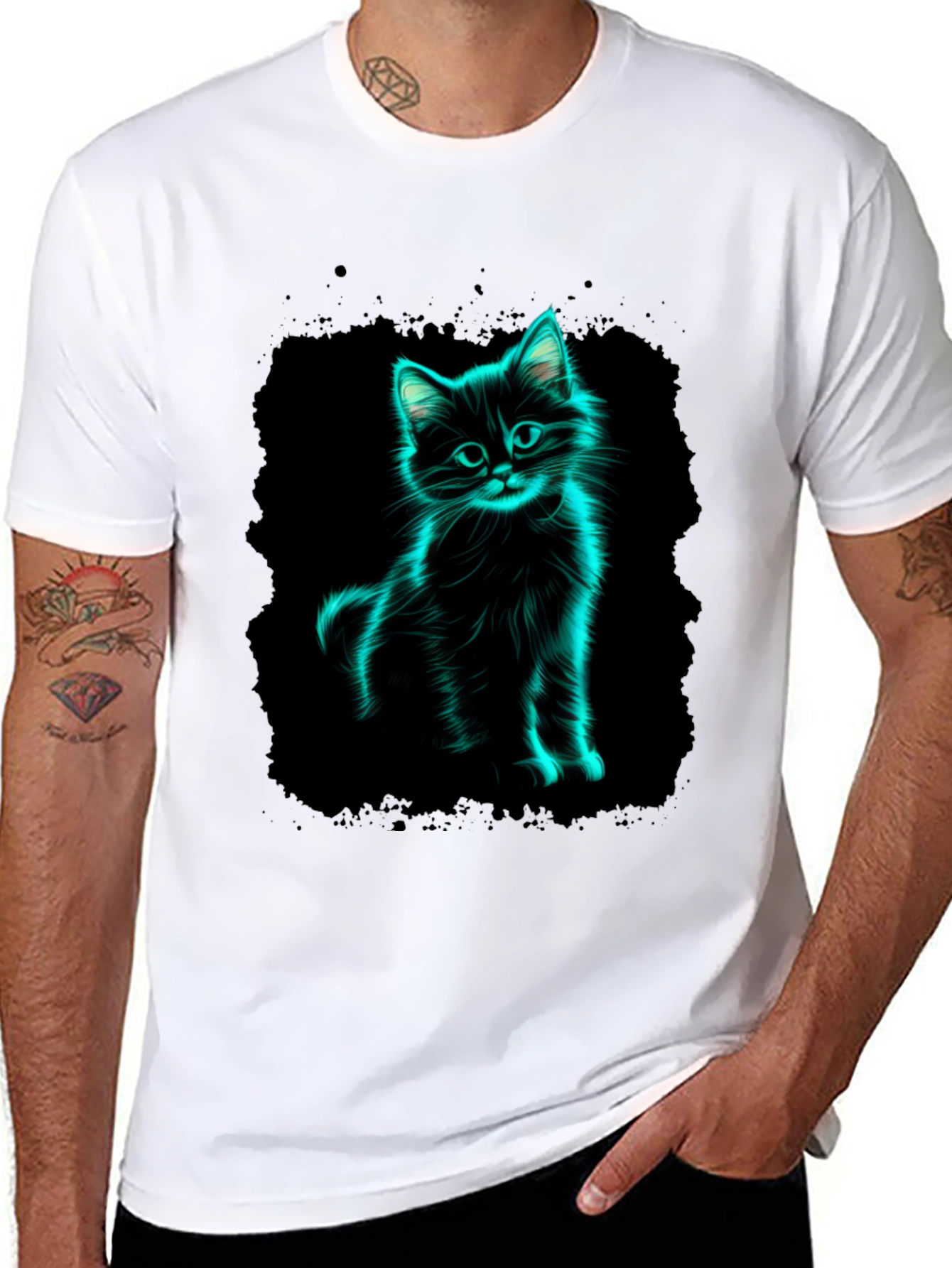 Black Neon Cat Graphic Black T-Shirt view 8