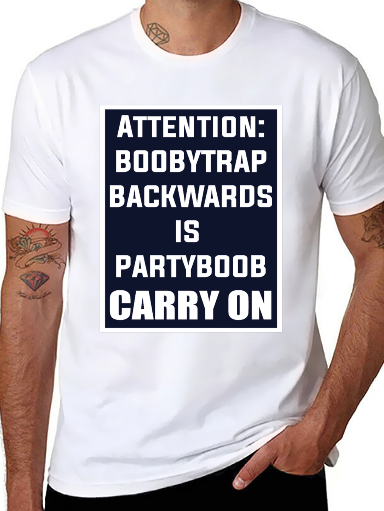 Black Attention Boobytrap Partyboob Funny T-Shirt view 8