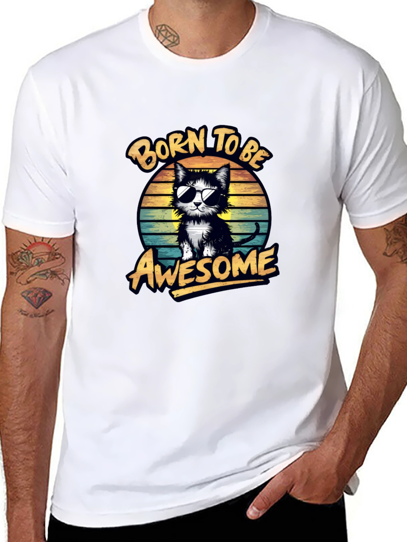 Black Born to be Awesome Cat Graphic Tee view 8