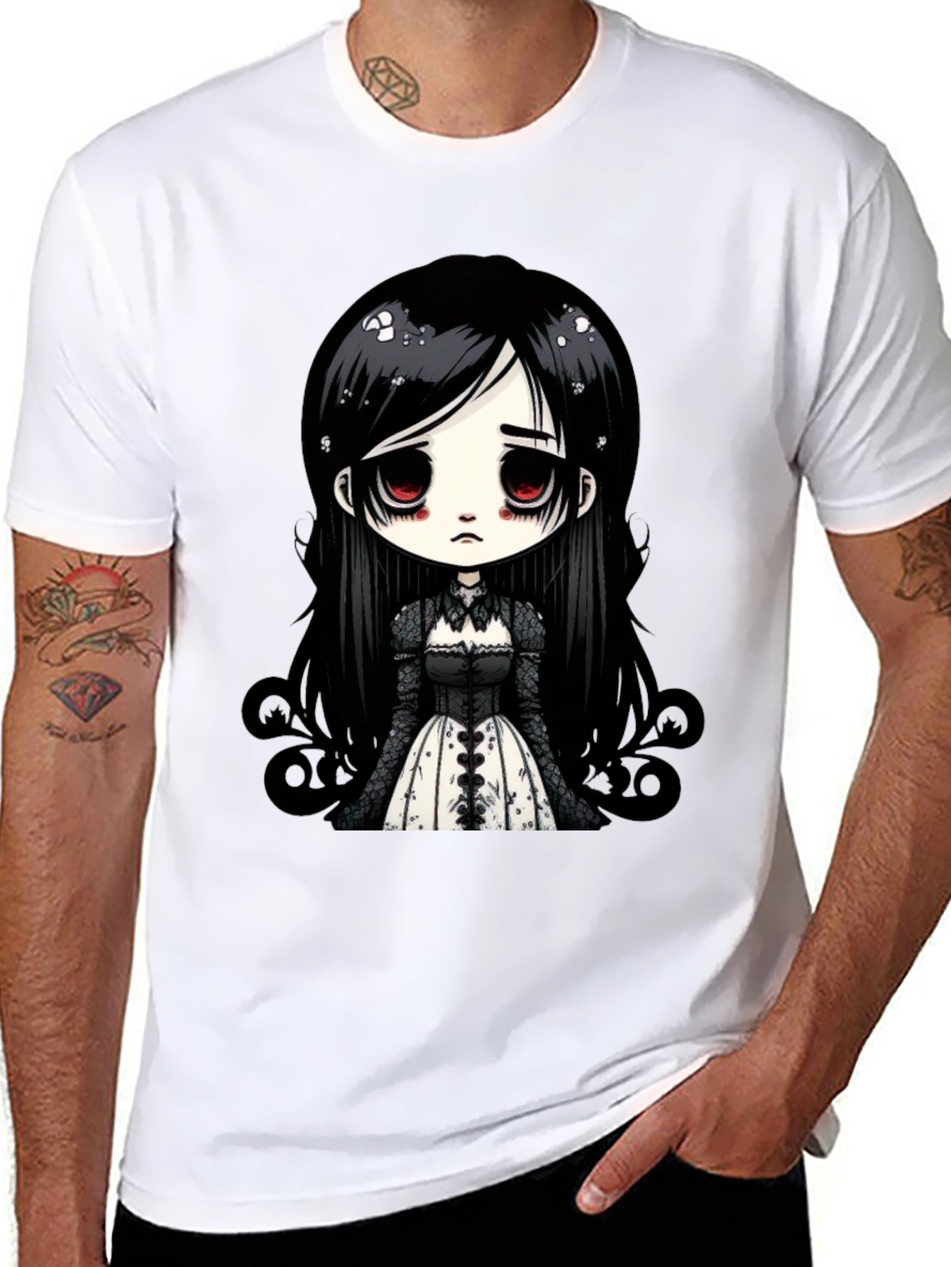 Black Gothic Doll T-Shirt - Emo Anime Style Black Tee view 8