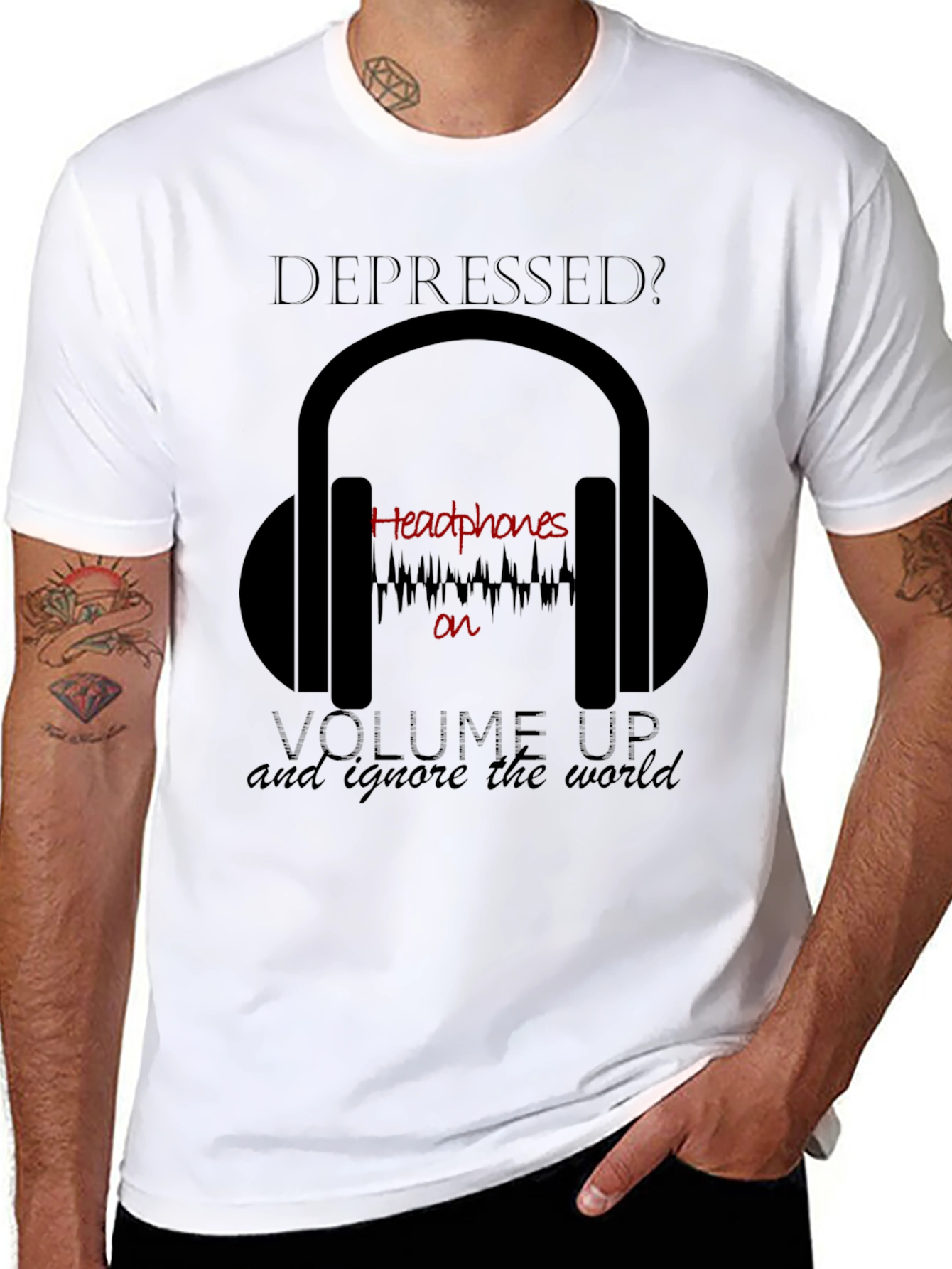 Black Depressed? Headphones T-Shirt - Ignore the World view 8