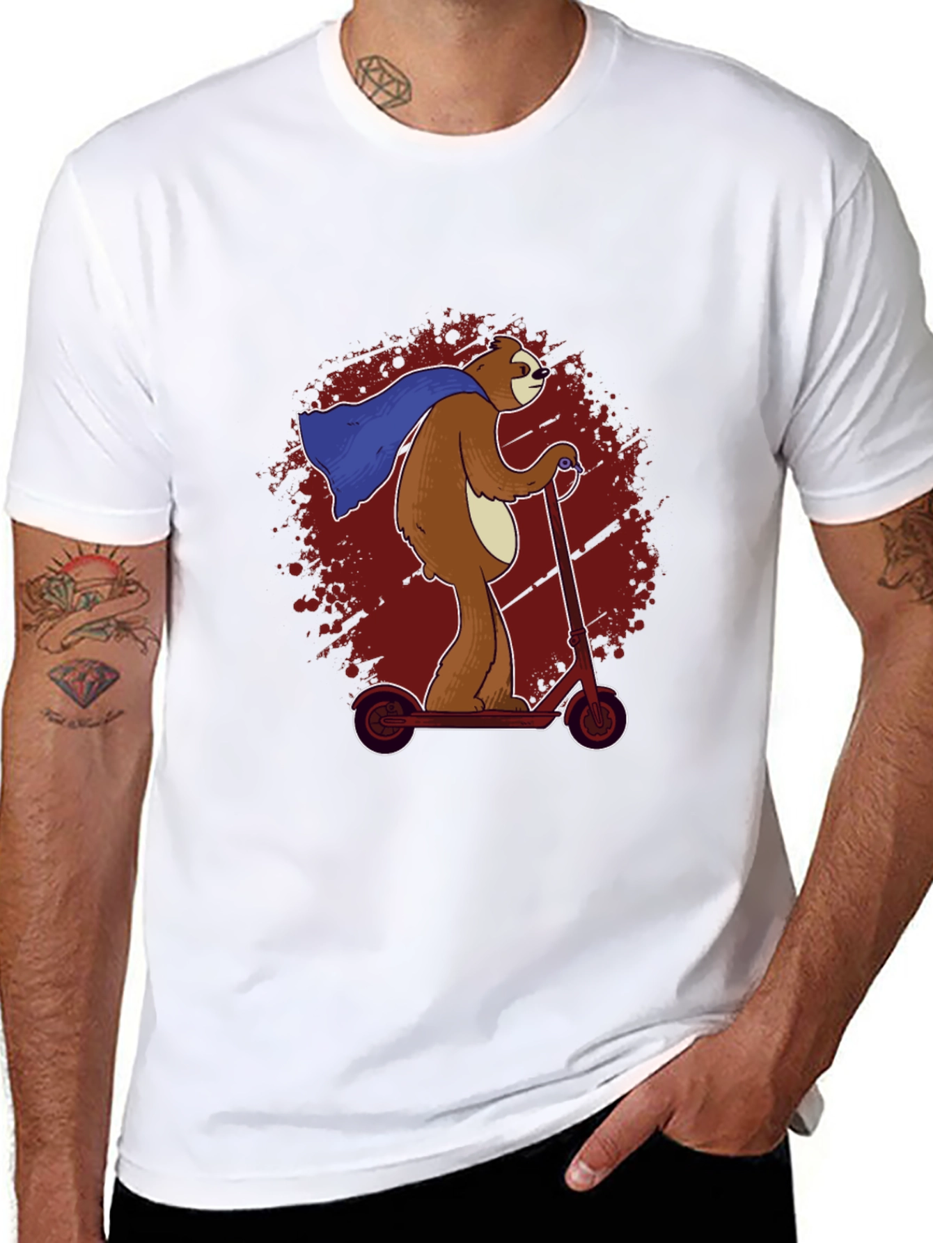 Black Superhero Sloth Scooter T-Shirt -  Funny Sloth Cape Design view 8