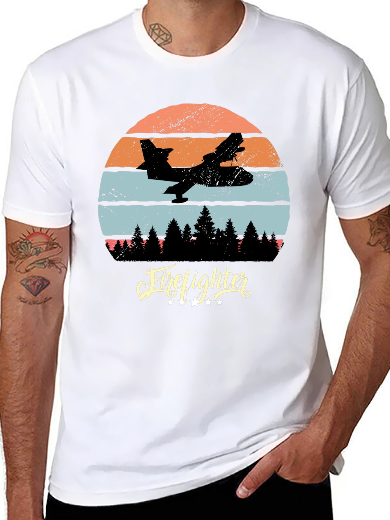 Black Firefighter Plane Retro T-Shirt view 8