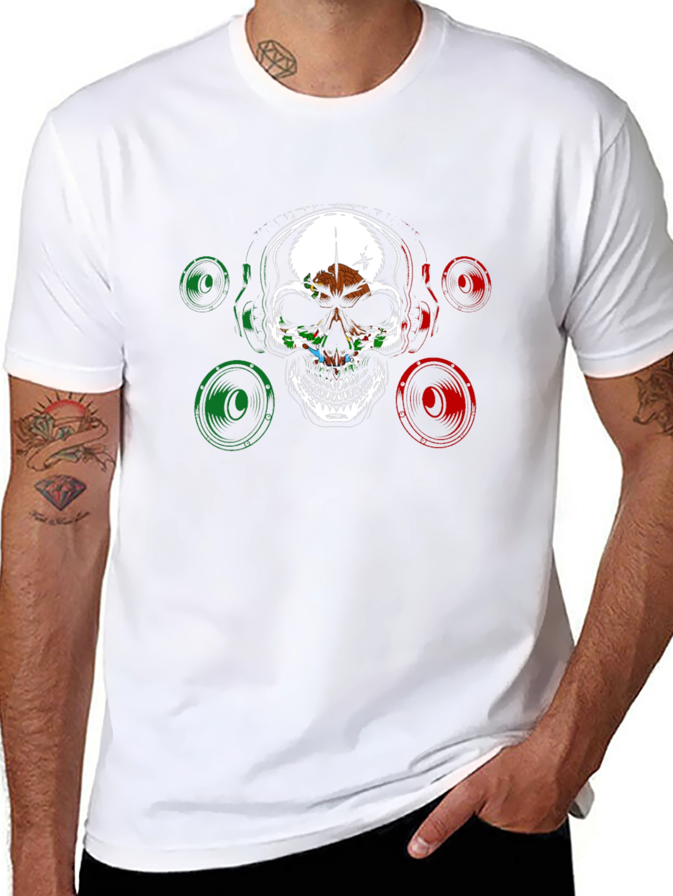 Black Skull & Speaker Graphic Tee - Mexican Flag Design view 8