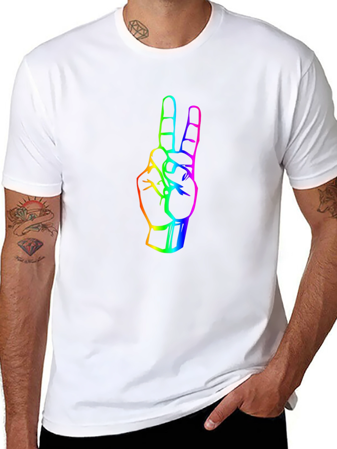 Black Rainbow Peace Sign Graphic Tee - Black Cotton T-Shirt view 8