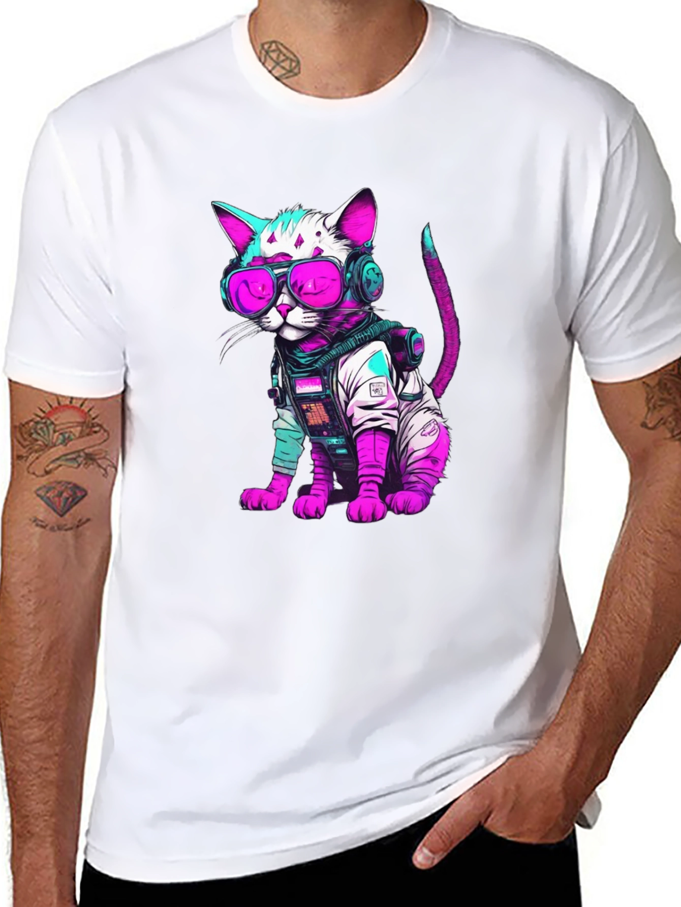 Black Cyberpunk Cat T-Shirt - Futuristic Feline Fashion view 8
