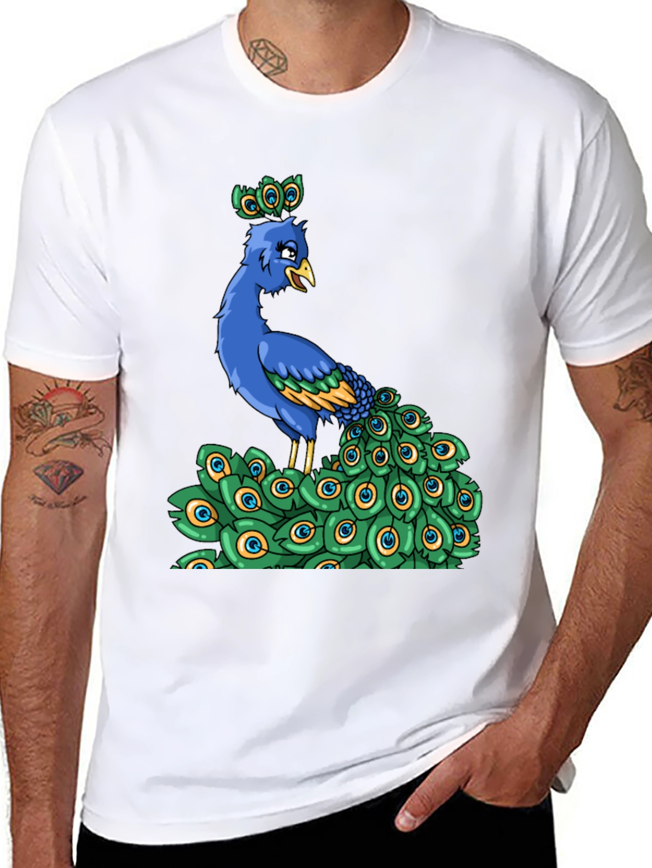 Black Peacock Cartoon Graphic Tee view 8