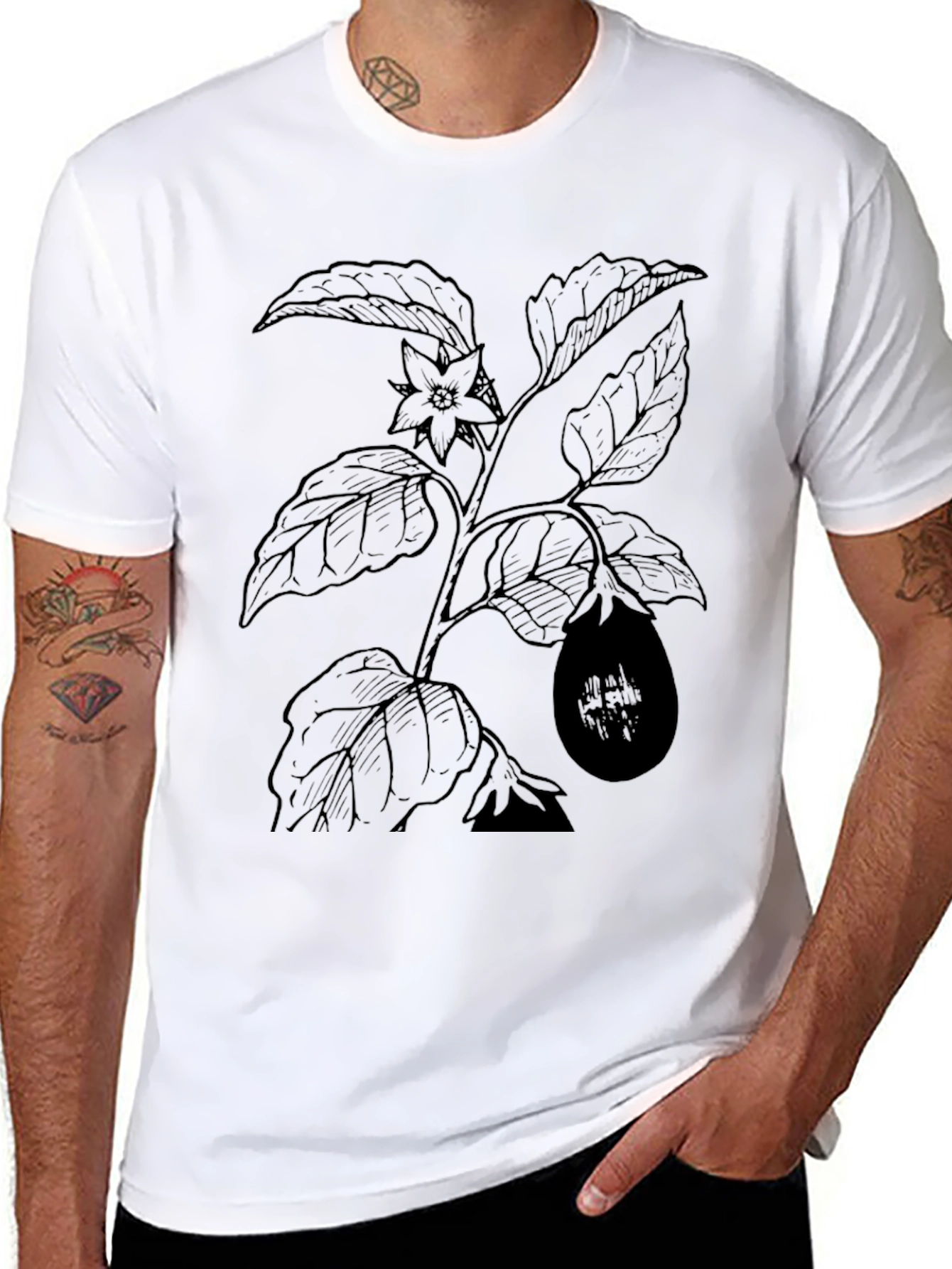 Botanical Eggplant Print Black T-Shirt - 8