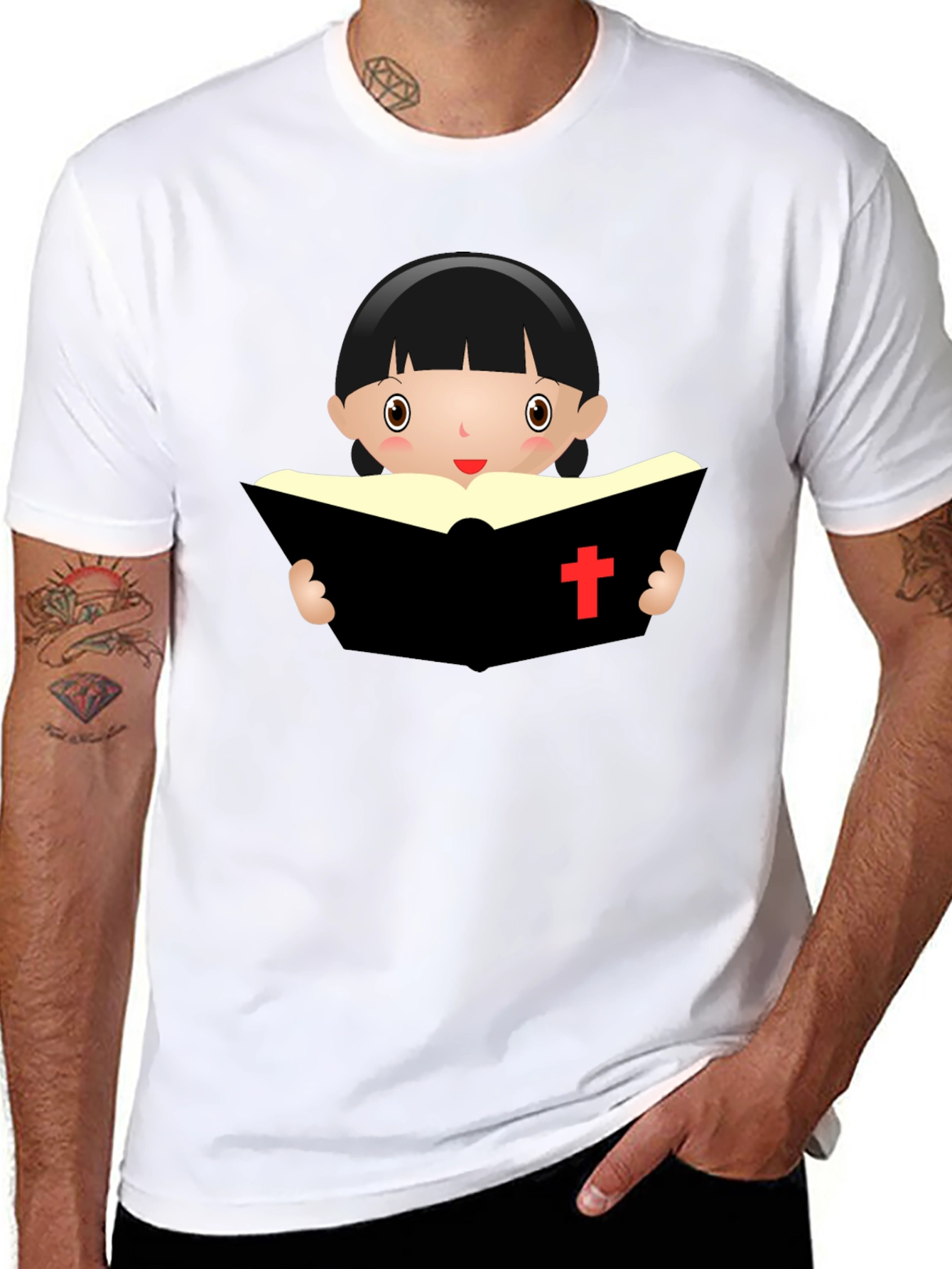 Black Cartoon Girl Reading Book - Black T-Shirt view 8