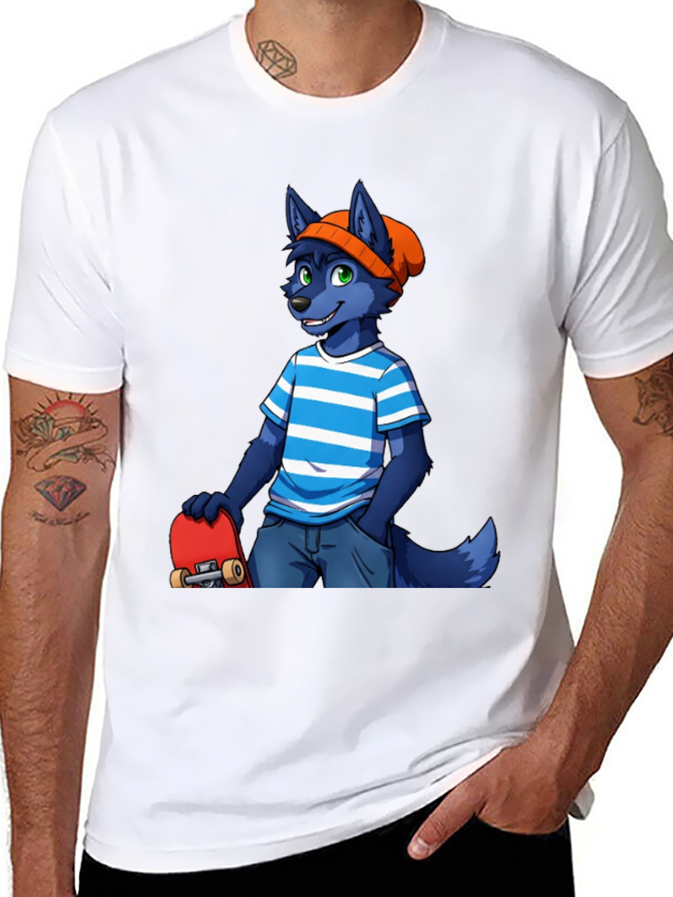Black Furry Skater T-Shirt - Cool Blue Wolf Design view 8