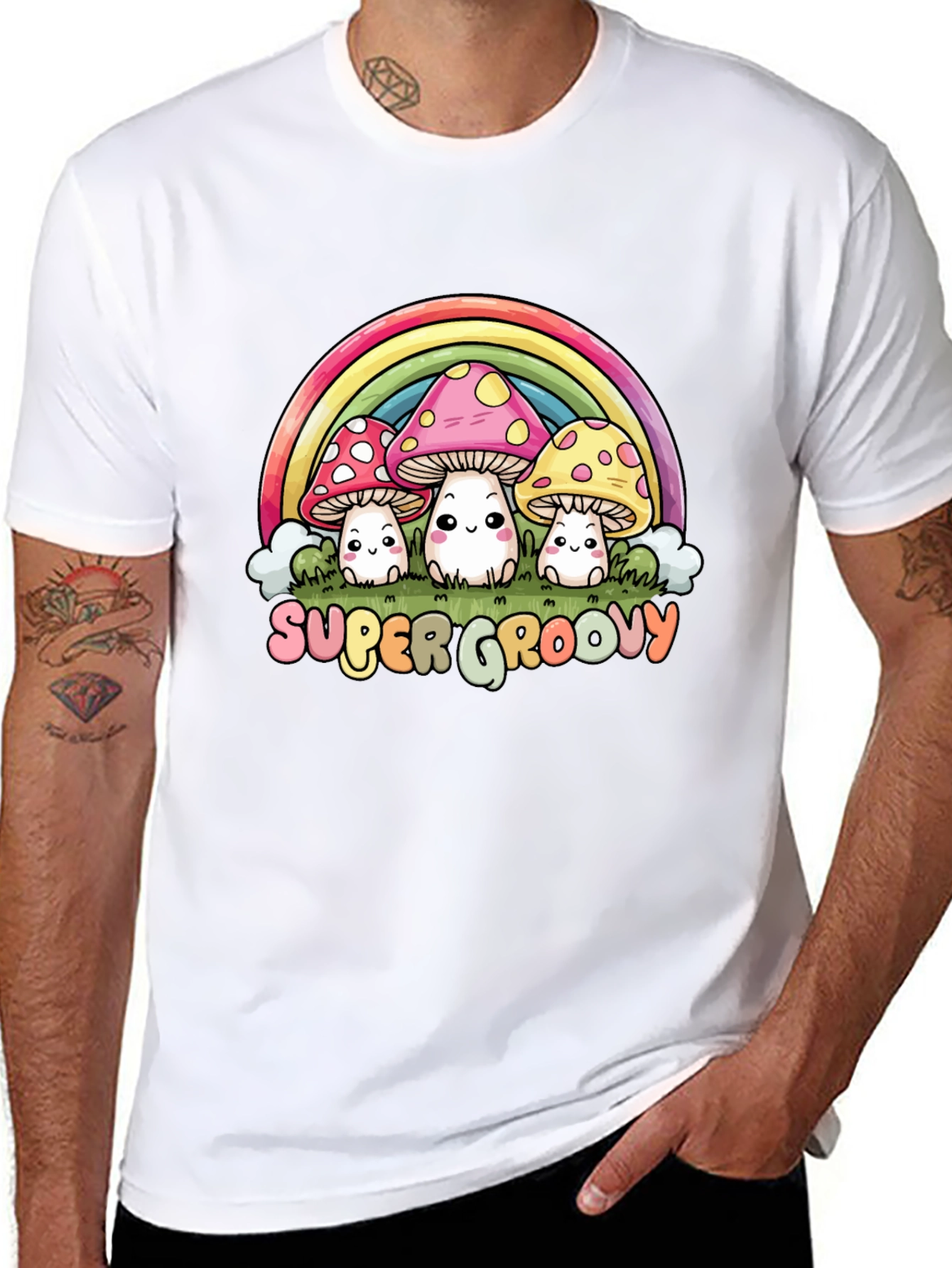 Black Super Groovy Mushroom Rainbow Graphic Tee view 8