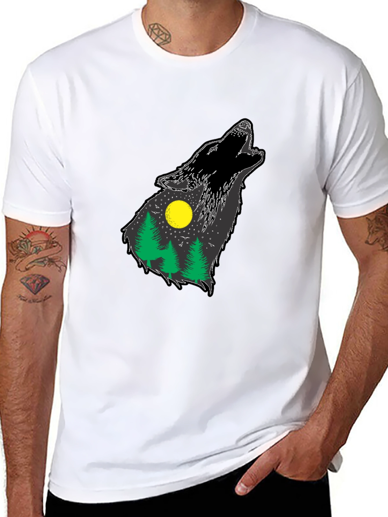 Black Wolf Howling Forest T-Shirt - Black view 8