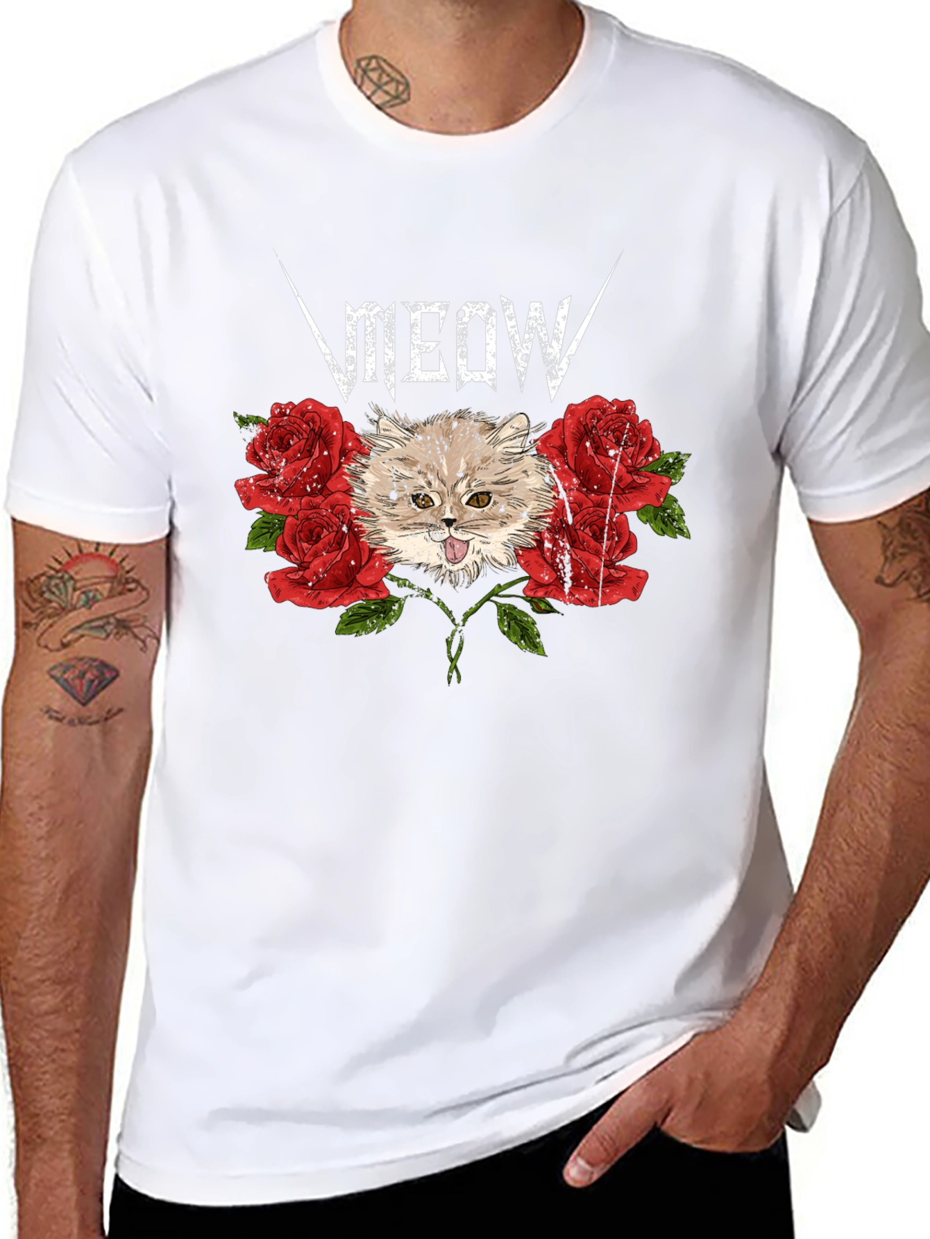 Black Meow Heavy Metal Cat & Roses Black T-Shirt view 8