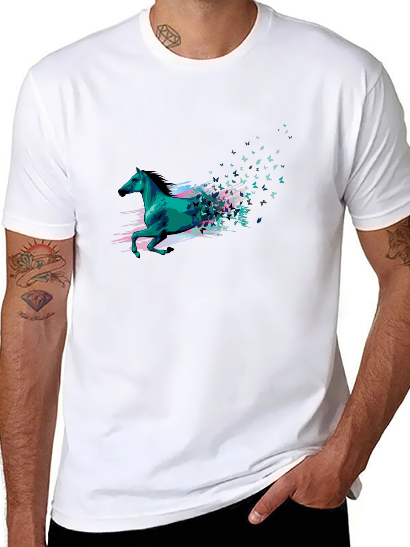 Black Abstract Horse Butterfly T-Shirt - Graphic Tee view 8