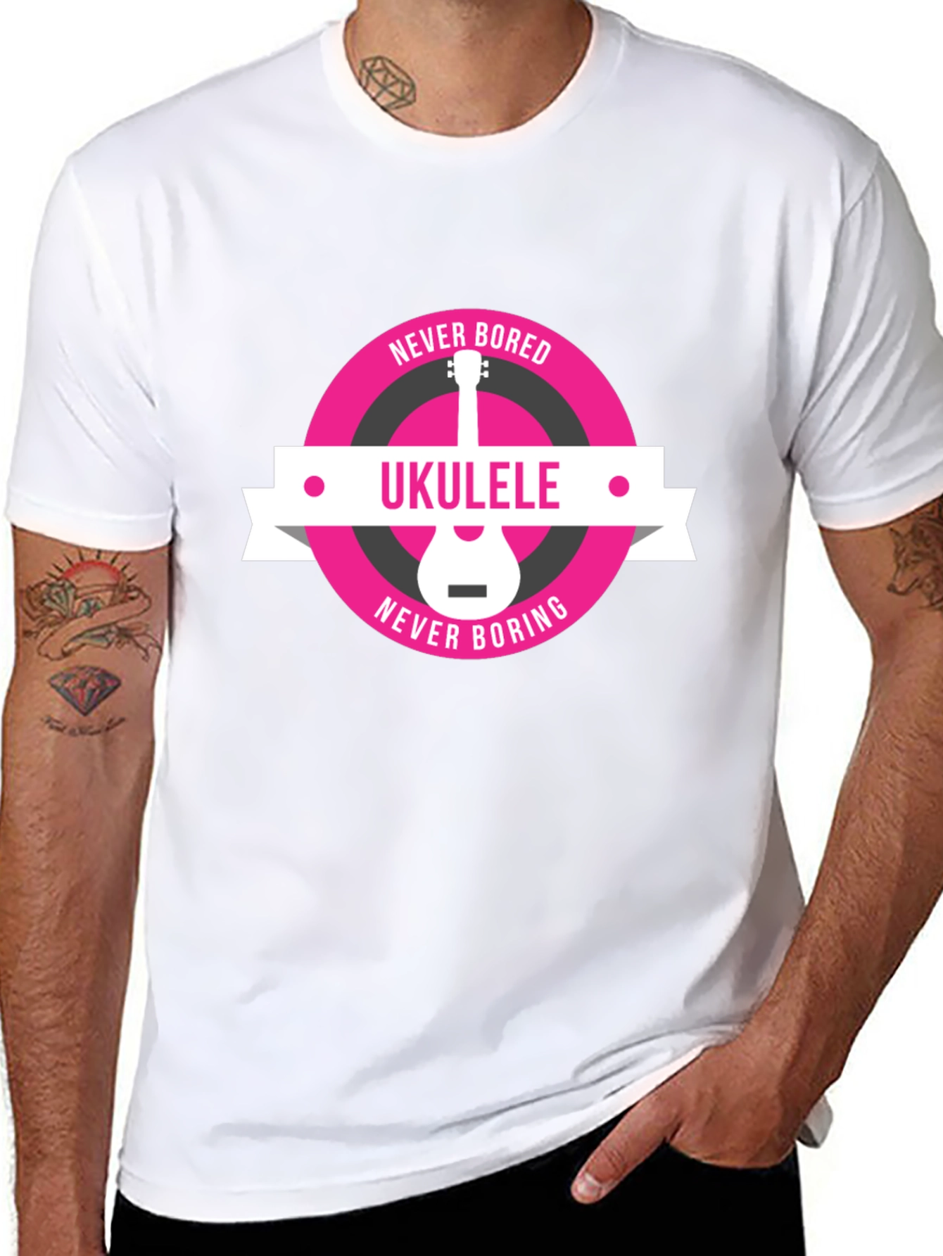 Black Ukulele Never Bored T-Shirt - Music Lover Tee view 8