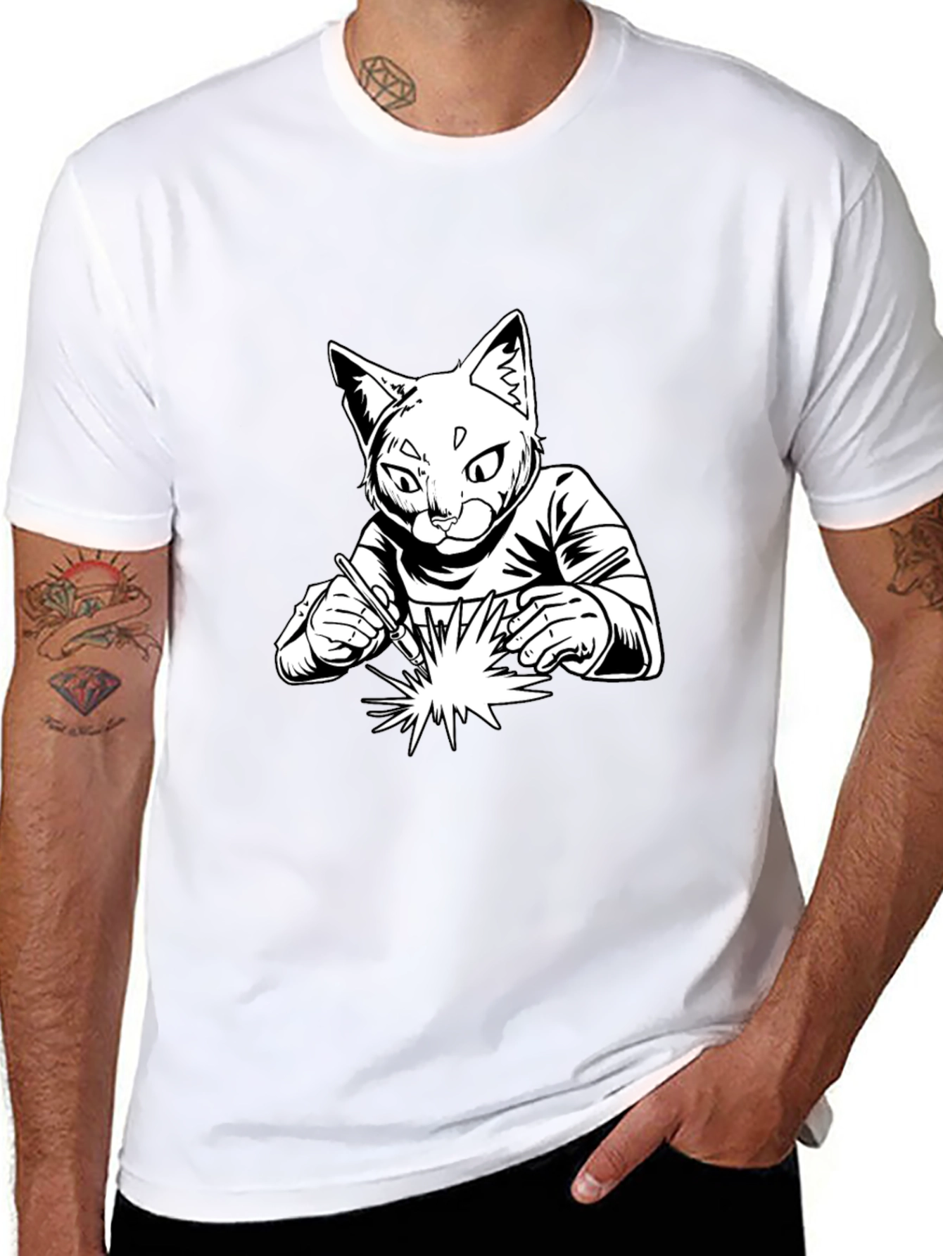 Black Welding Cat T-Shirt - Cool Graphic Tee view 8